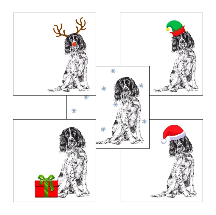 Springer Spaniel with reindeer antlers and red nose Christmas card by Louisa Hill