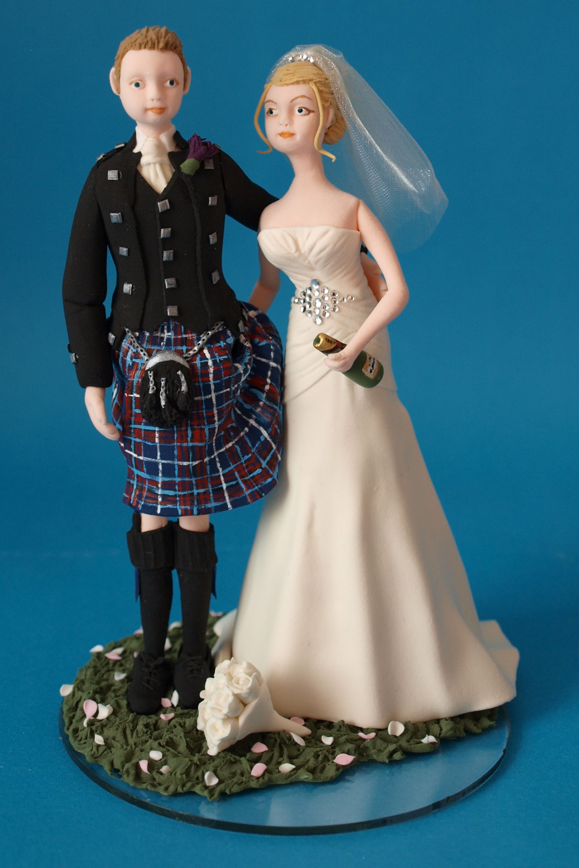 Scottish bride and groom in kilt wedding cake topper by Louisa Hill