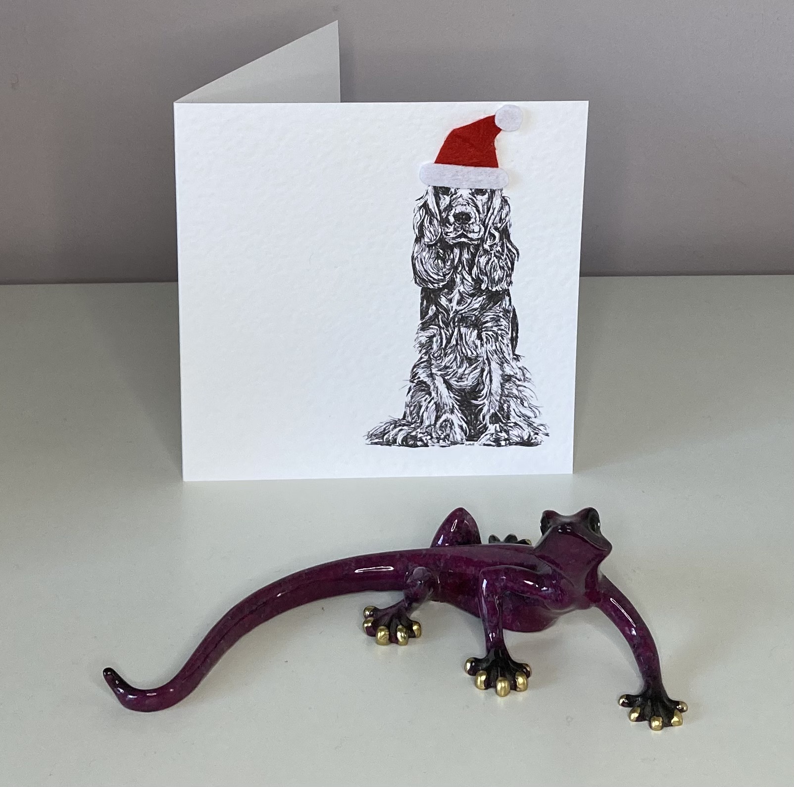 Cocker Spaniel with Santa hat Christmas card by Louisa Hill