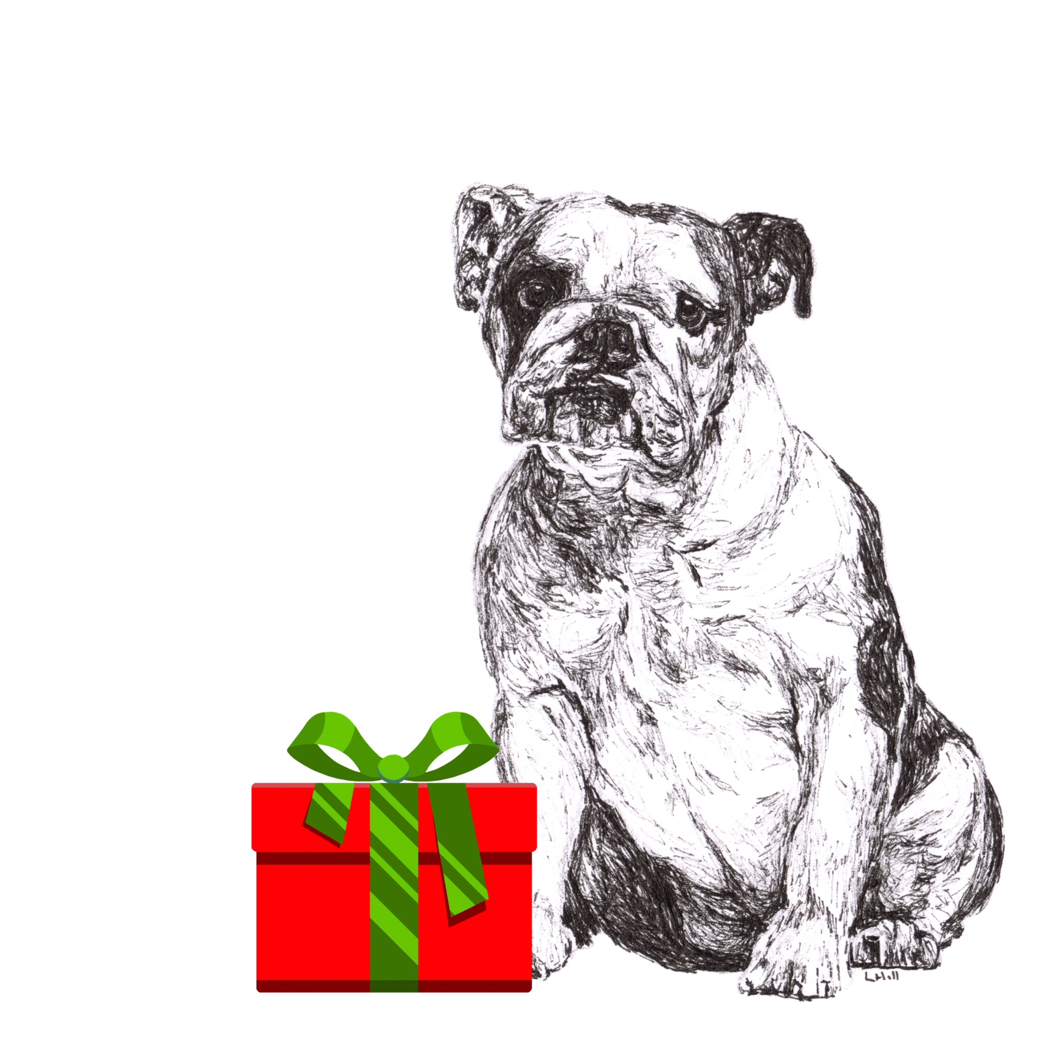 English Bulldog with Santa hat Christmas card by Louisa Hill