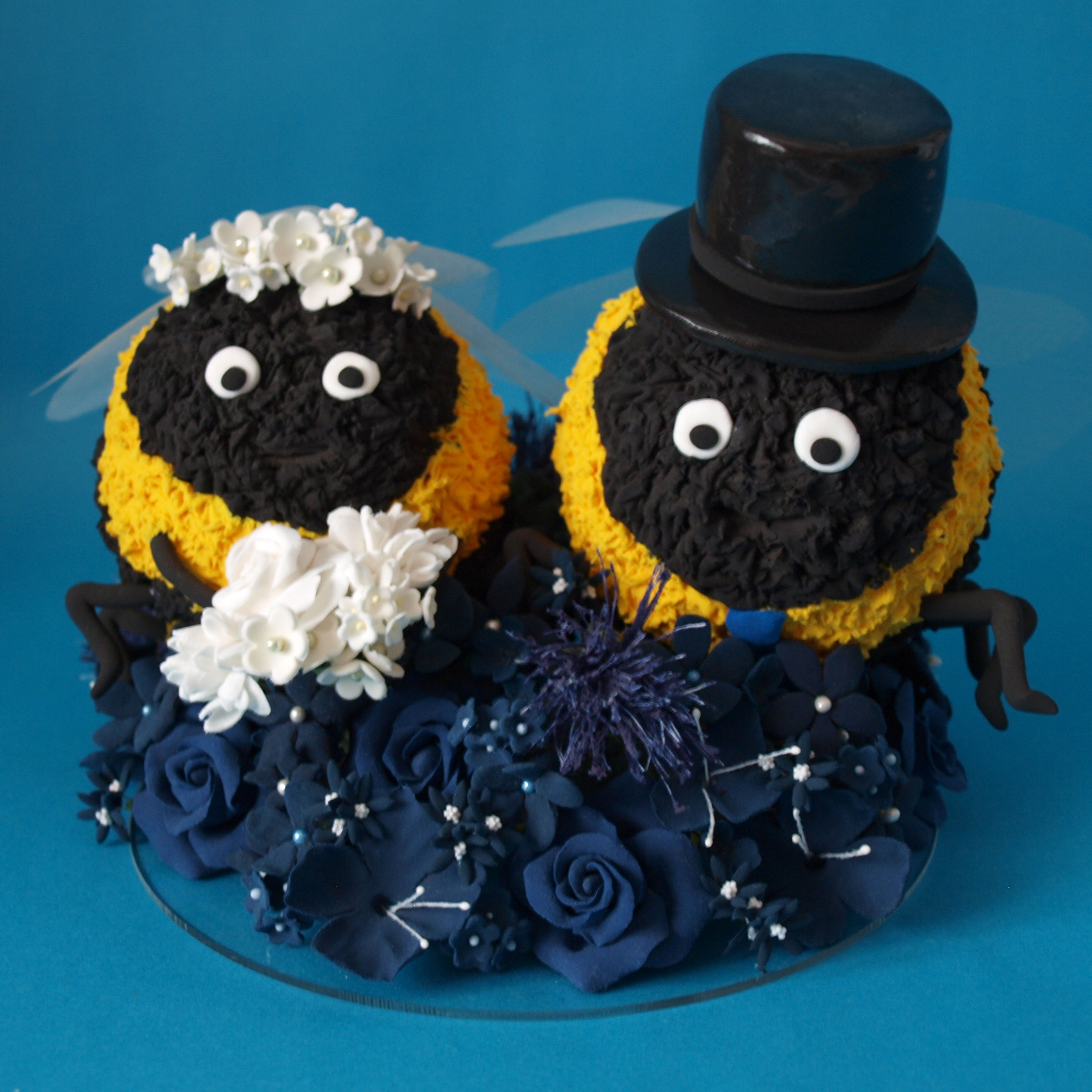 Bumble bee bride and groom with flower wreath wedding cake topper by Louisa Hill