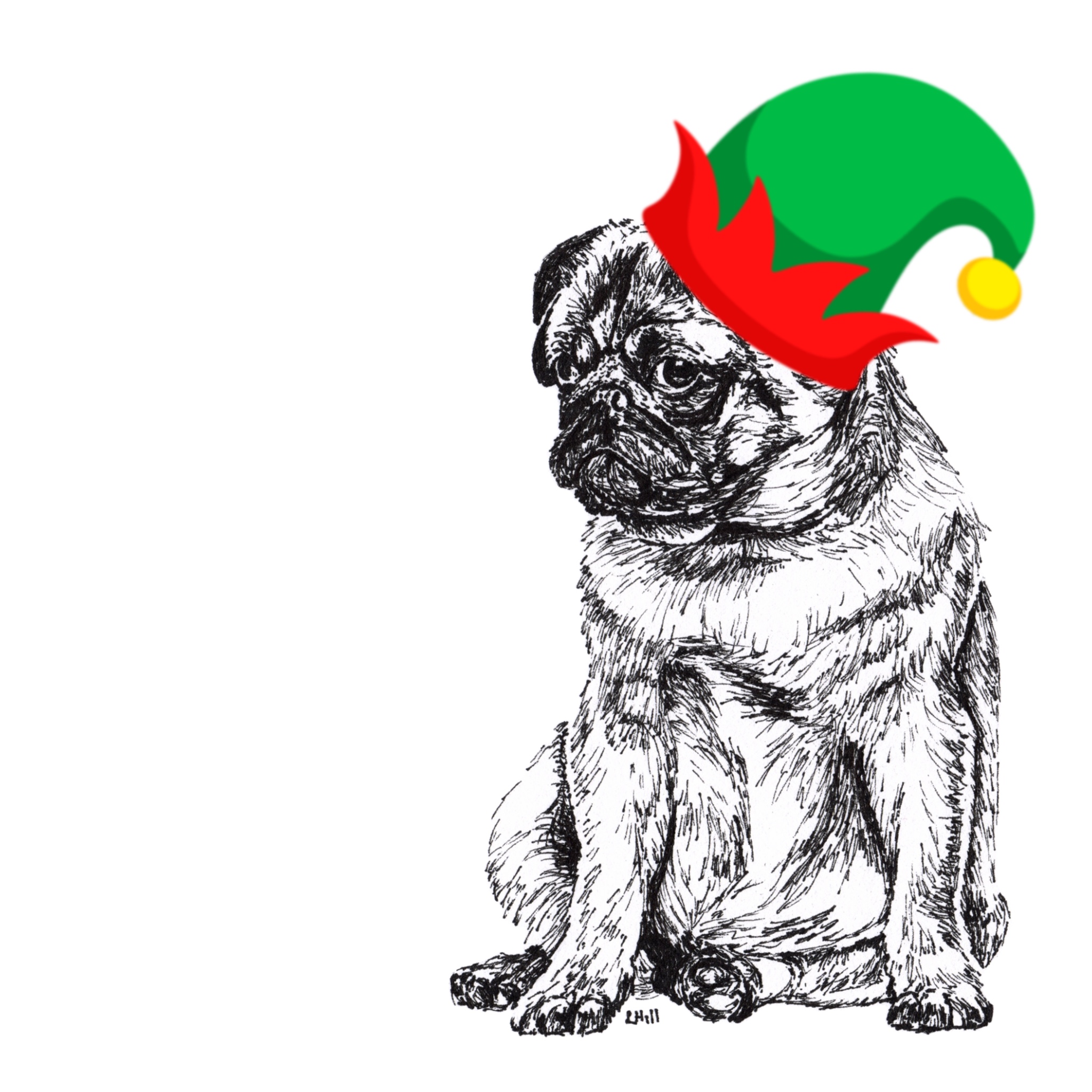 Pug with santa hat Christmas card by Louisa Hill