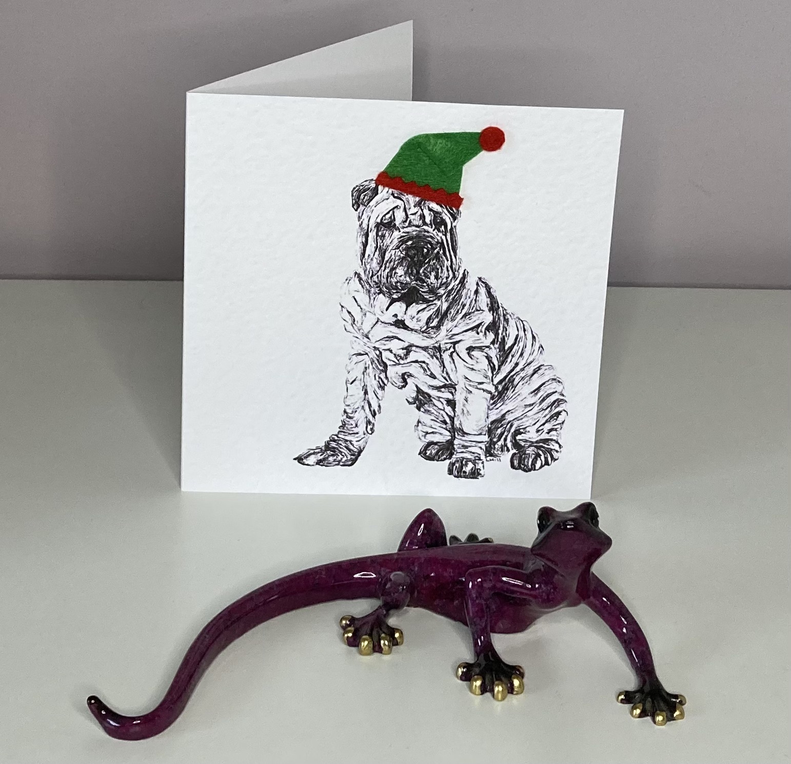 Shar Pei with elf hat Christmas card by Louisa Hill