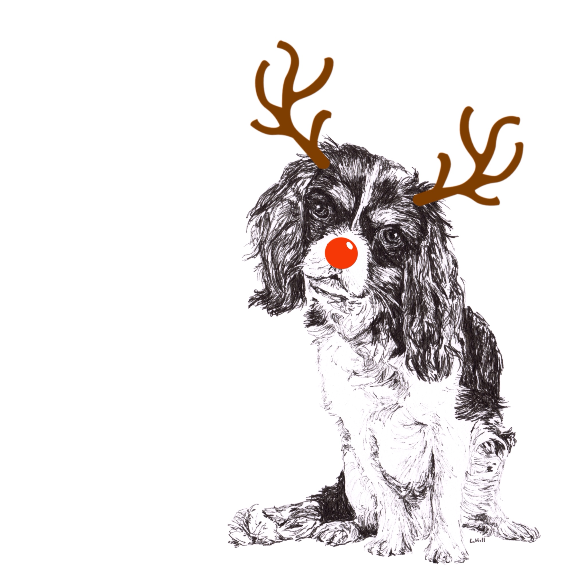 Cavalier King Charles Spaniel with reindeer antlers and red nose Christmas card by Louisa Hill