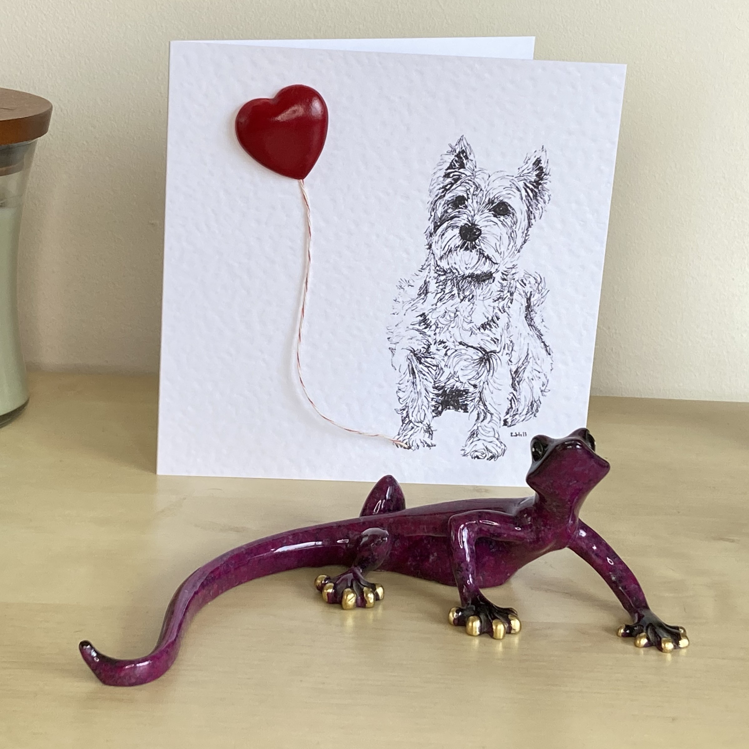 West Highland Terrier 15cm greetings card with 3D red heart balloon