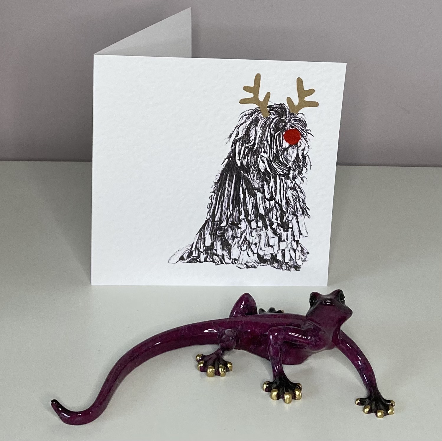 Bergamasco with reindeer antlers and red nose Christmas card by Louisa Hill