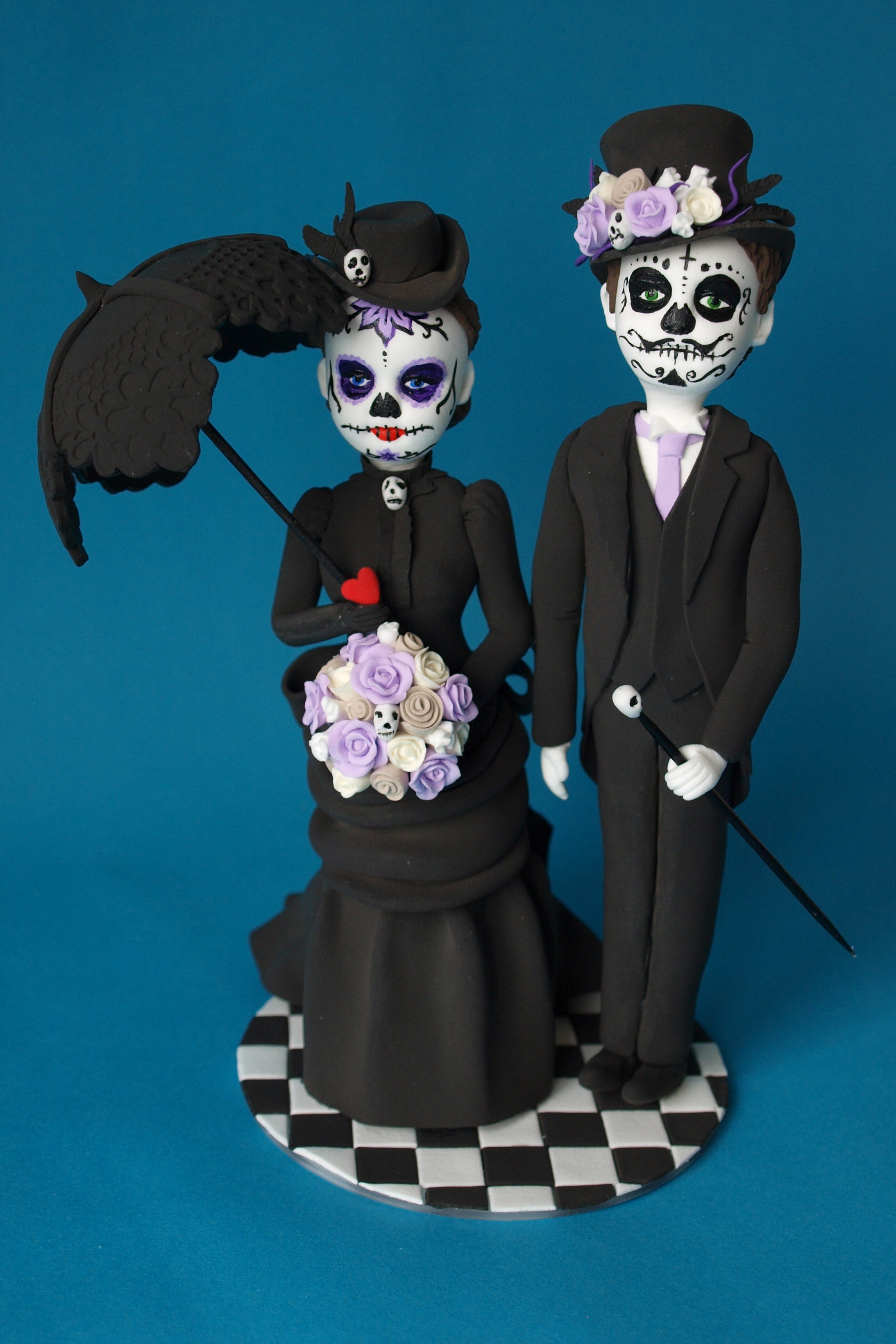 Day of the Dead bride and groom wedding cake topper with cats by Louisa Hill