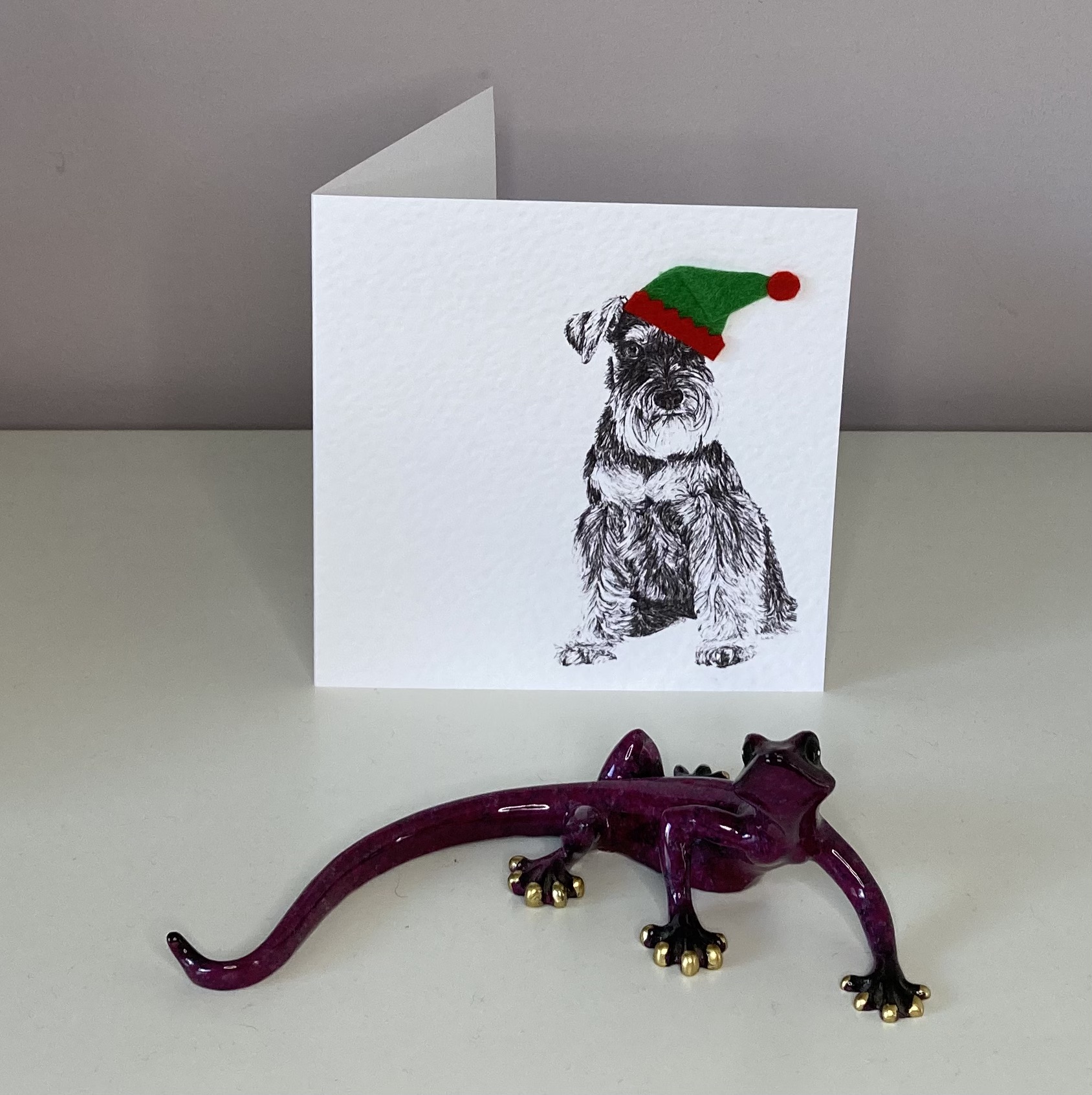 Schnauzer with elf hat Christmas card by Louisa Hill