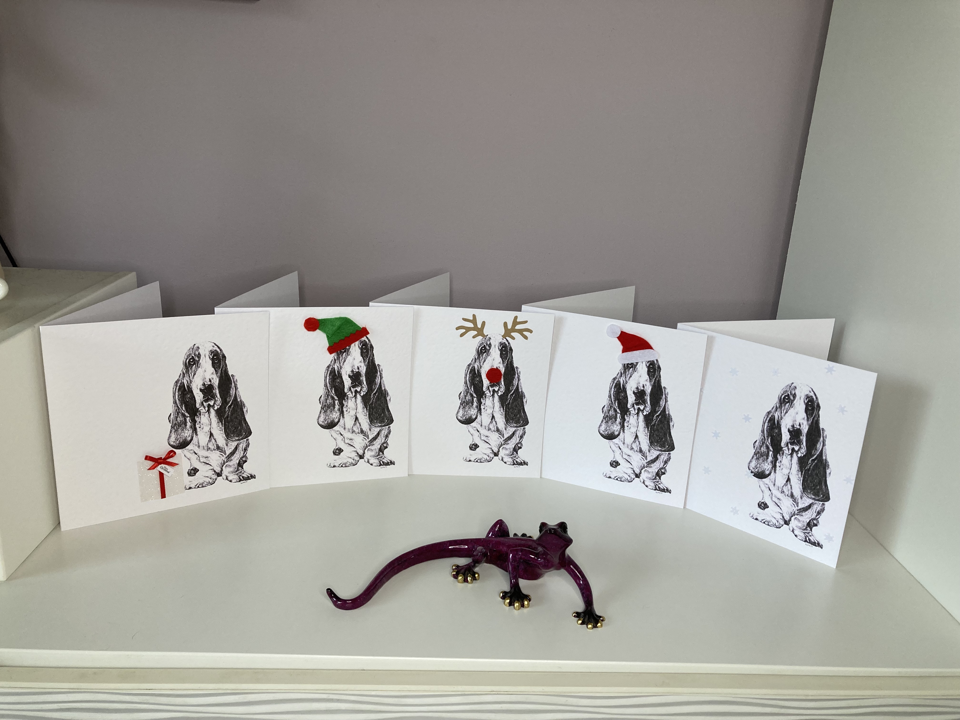 Pack of 5 Basset Hound Christmas cards by Louisa Hill