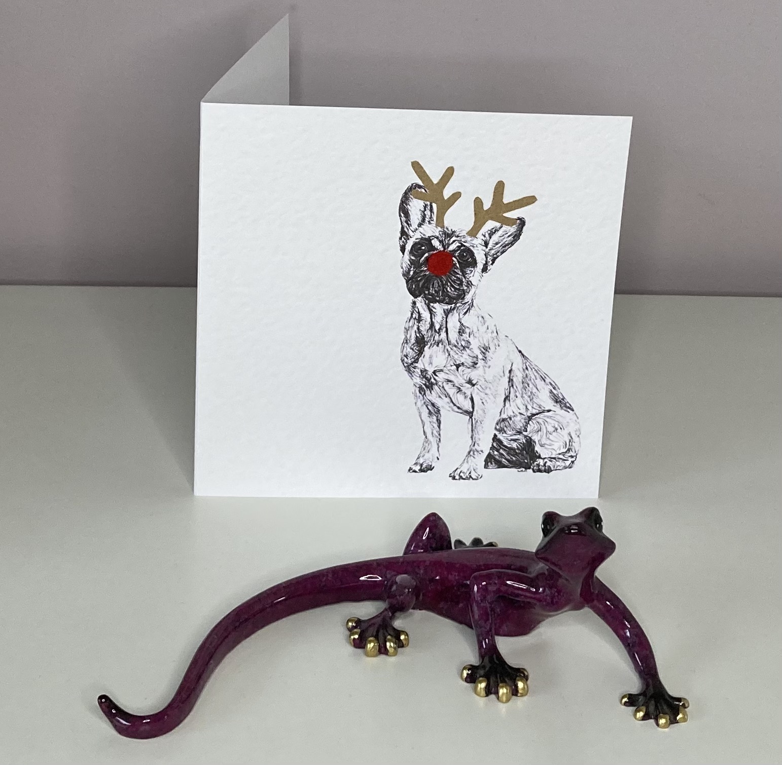 French Bulldog with reindeer antlers and red nose Christmas card by Louisa Hill