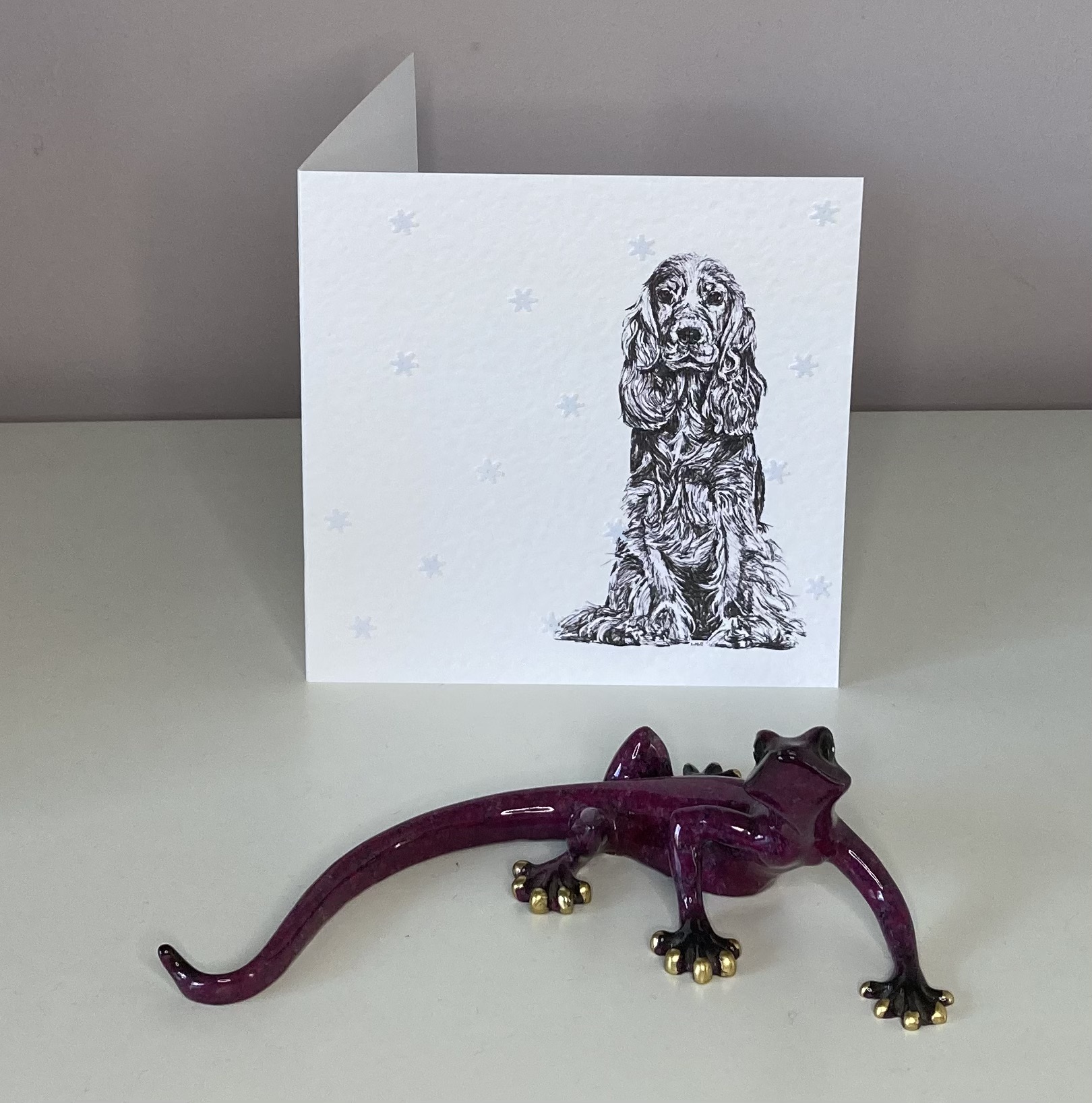 Cocker Spaniel with snowflakes Christmas card by Louisa Hill