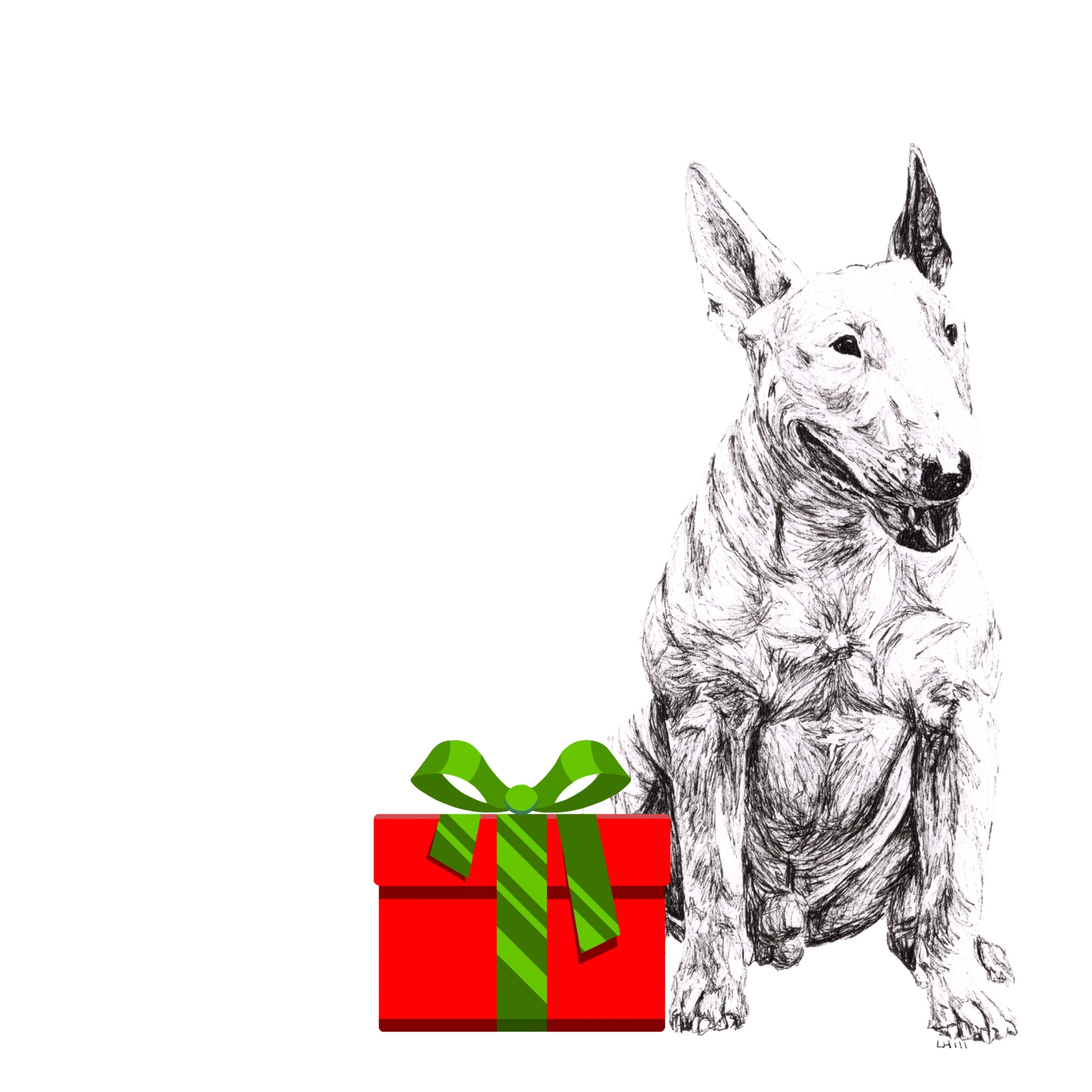 English Bull Terrier with Santa hat Christmas card by Louisa Hill