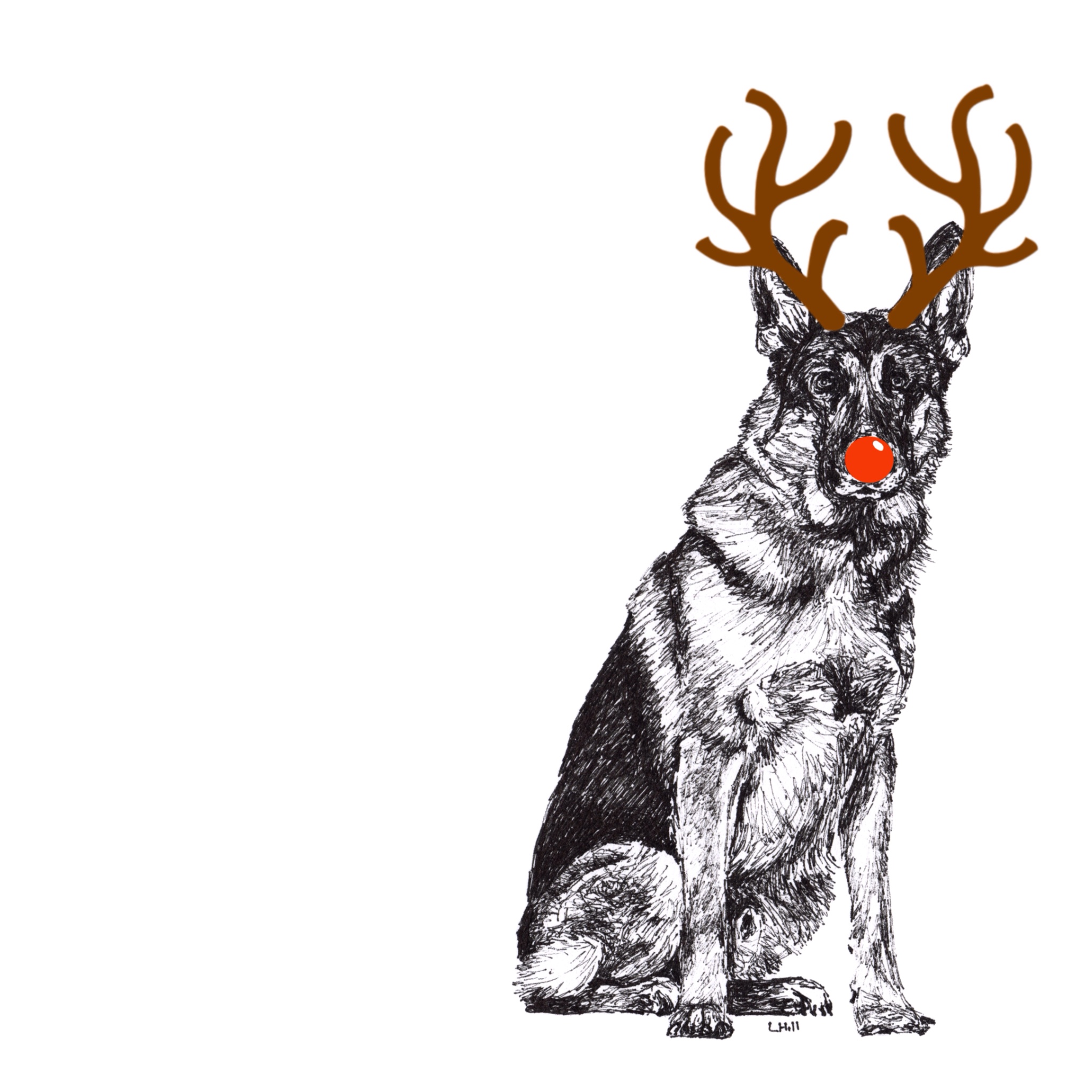 German Shepherd with reindeer antlers and red nose Christmas card by Louisa Hill