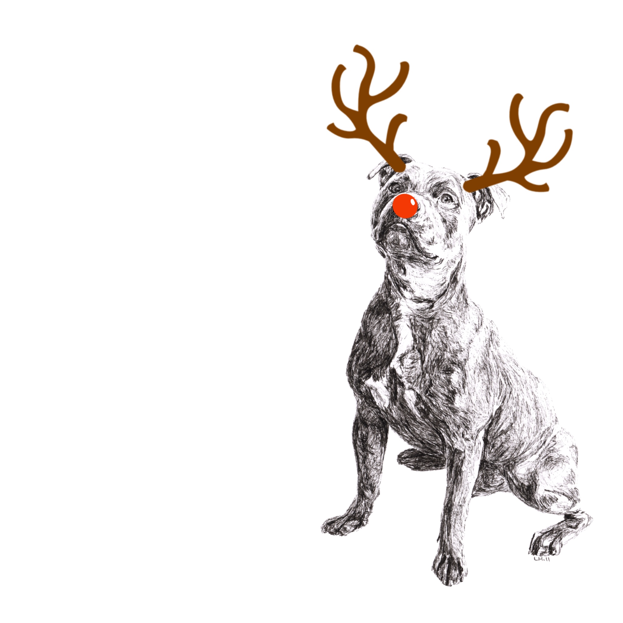 Staffordshire Bull Terrier with reindeer antlers and red noseChristmas card by Louisa Hill