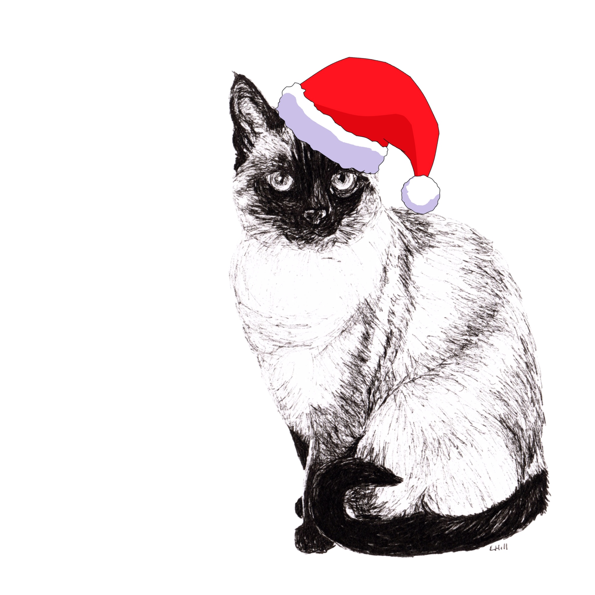 Siamese with Santa hat Christmas card by Louisa Hill