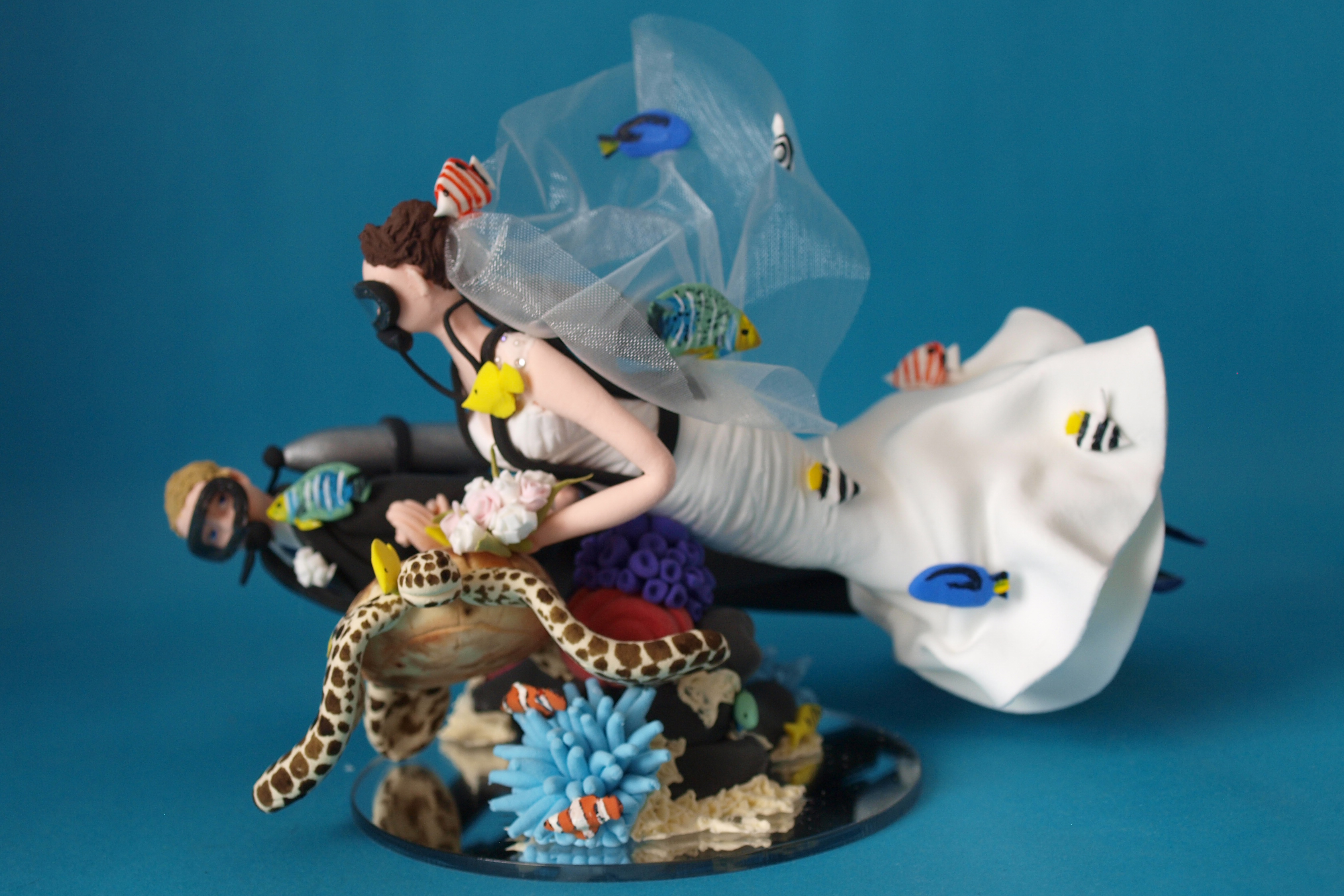 Scuba Diving Bride and groom sea turtle wedding cake topper by Louisa Hill