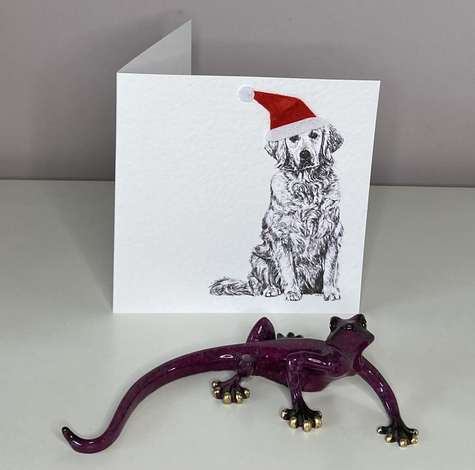 Golden Retriever with Santa hat Christmas card by Louisa Hill