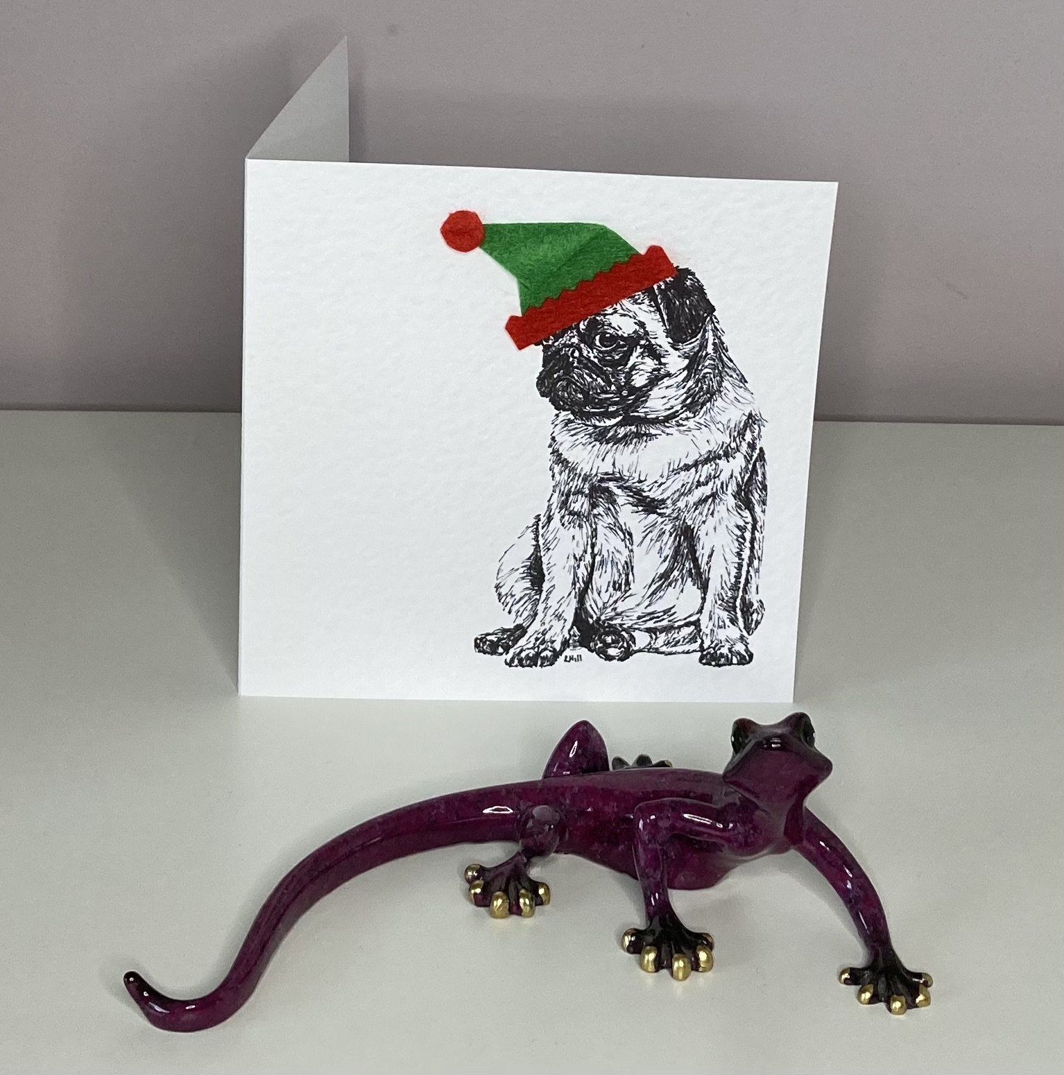 Pug with elf hat Christmas card by Louisa Hill