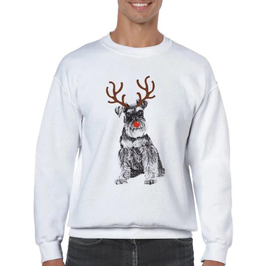 Schnauzer with reindeer antlers and red nose Christmas jumper by Louisa Hill