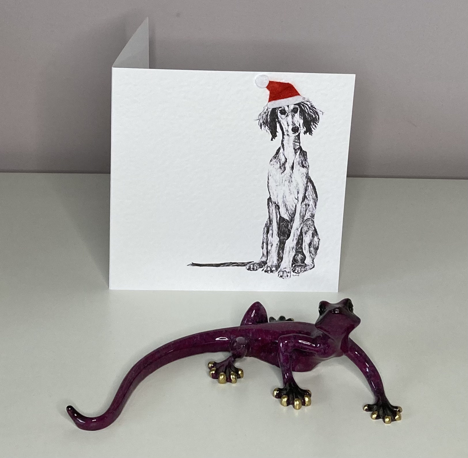 Saluki with Santa hat Christmas card by Louisa Hill