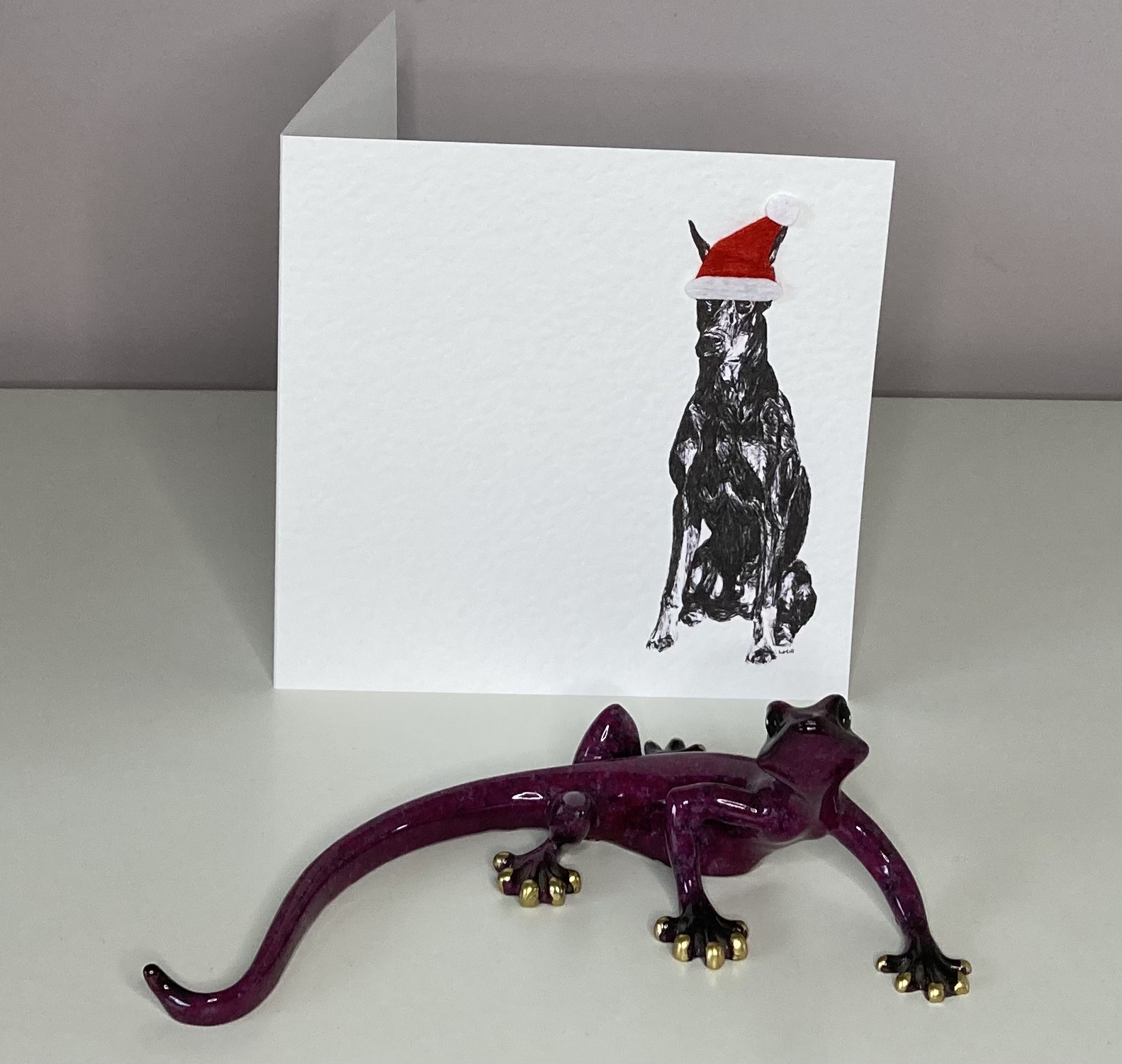 Doberman Pinscher with Santa hat Christmas card by Louisa Hill