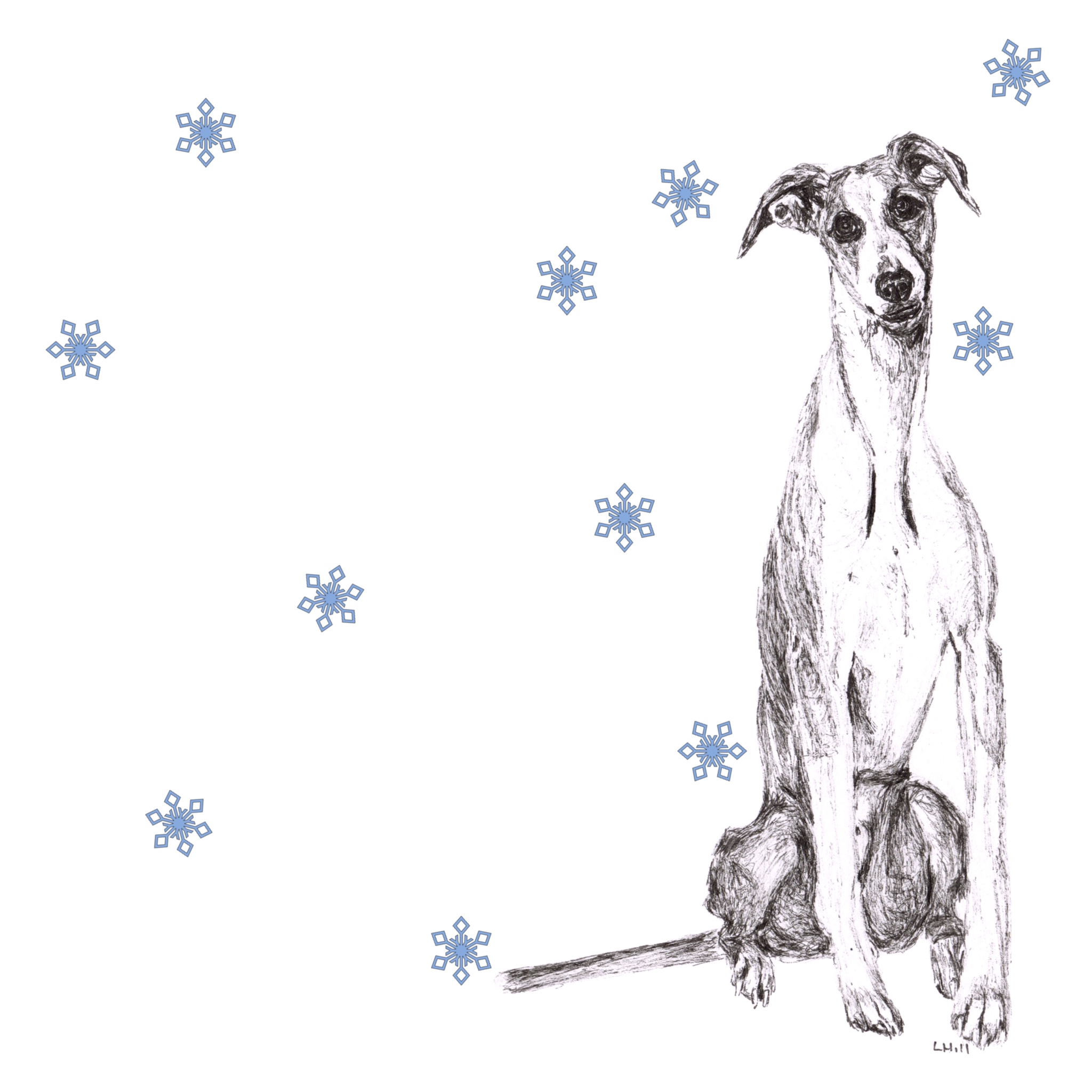 Whippet with reindeer antlers and red nose Christmas card by Louisa Hill