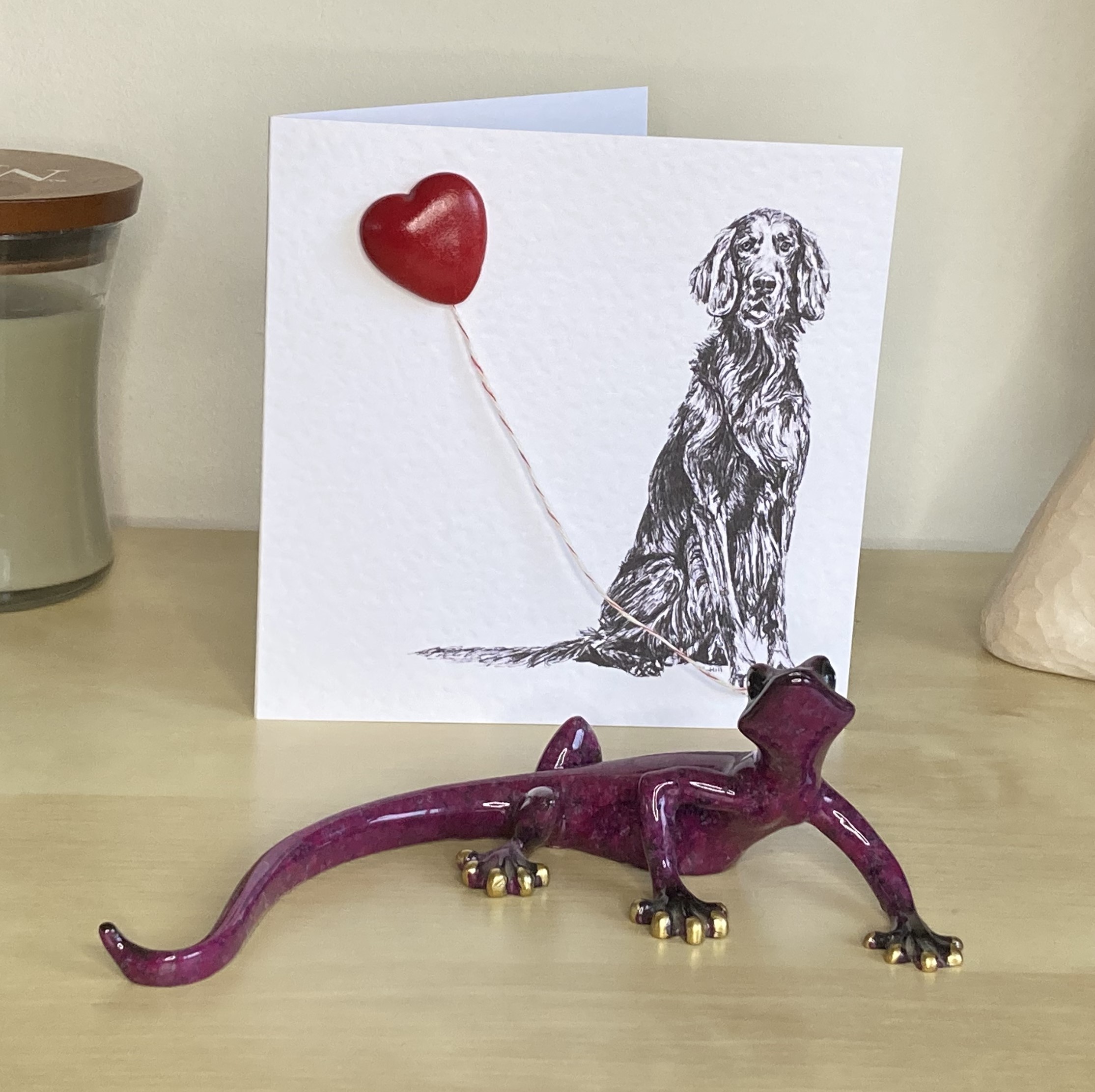 English Setter 15cm greetings card with 3D red heart balloon