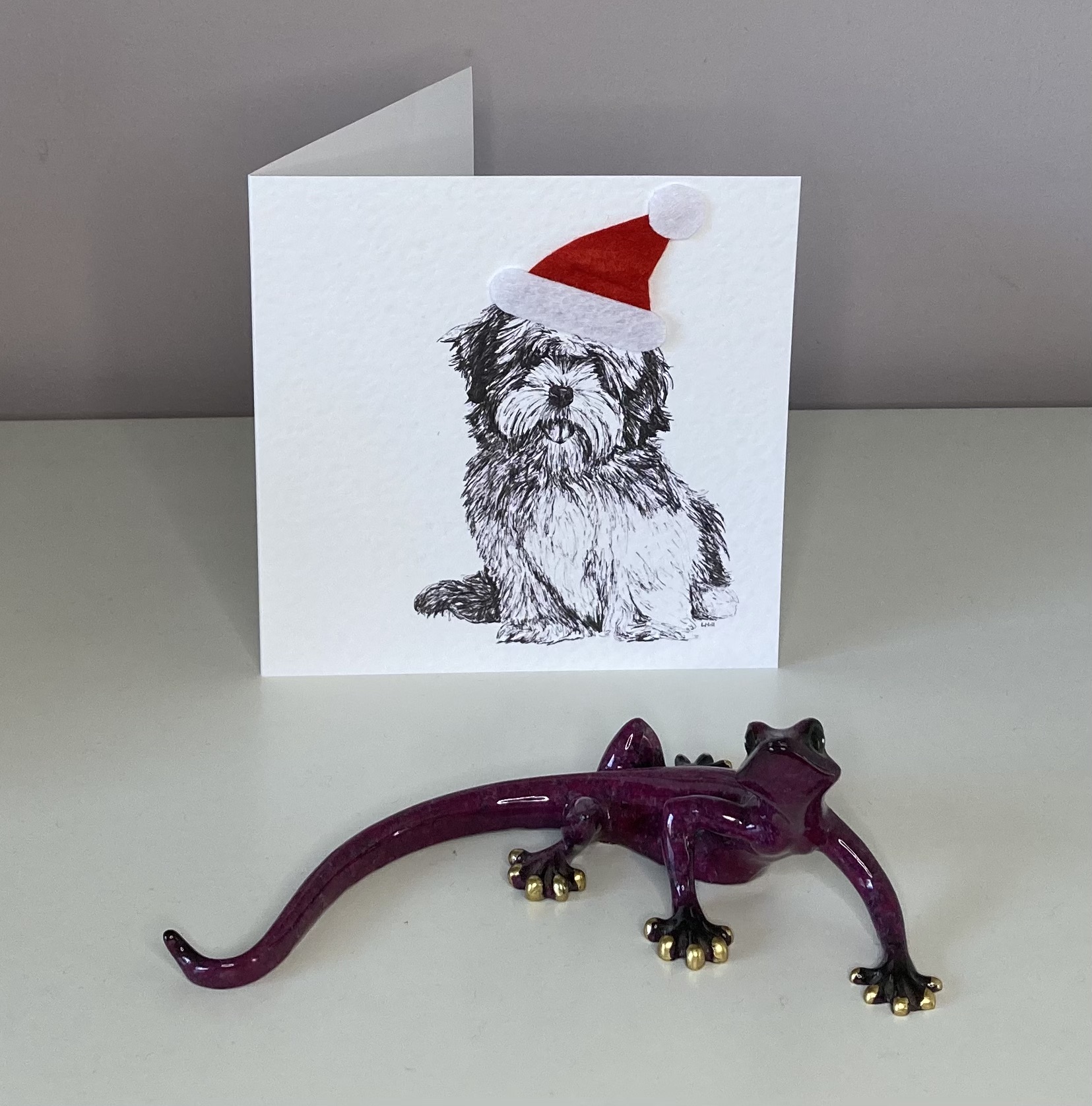 Lhasa Apso with Santa hat Christmas card by Louisa Hill