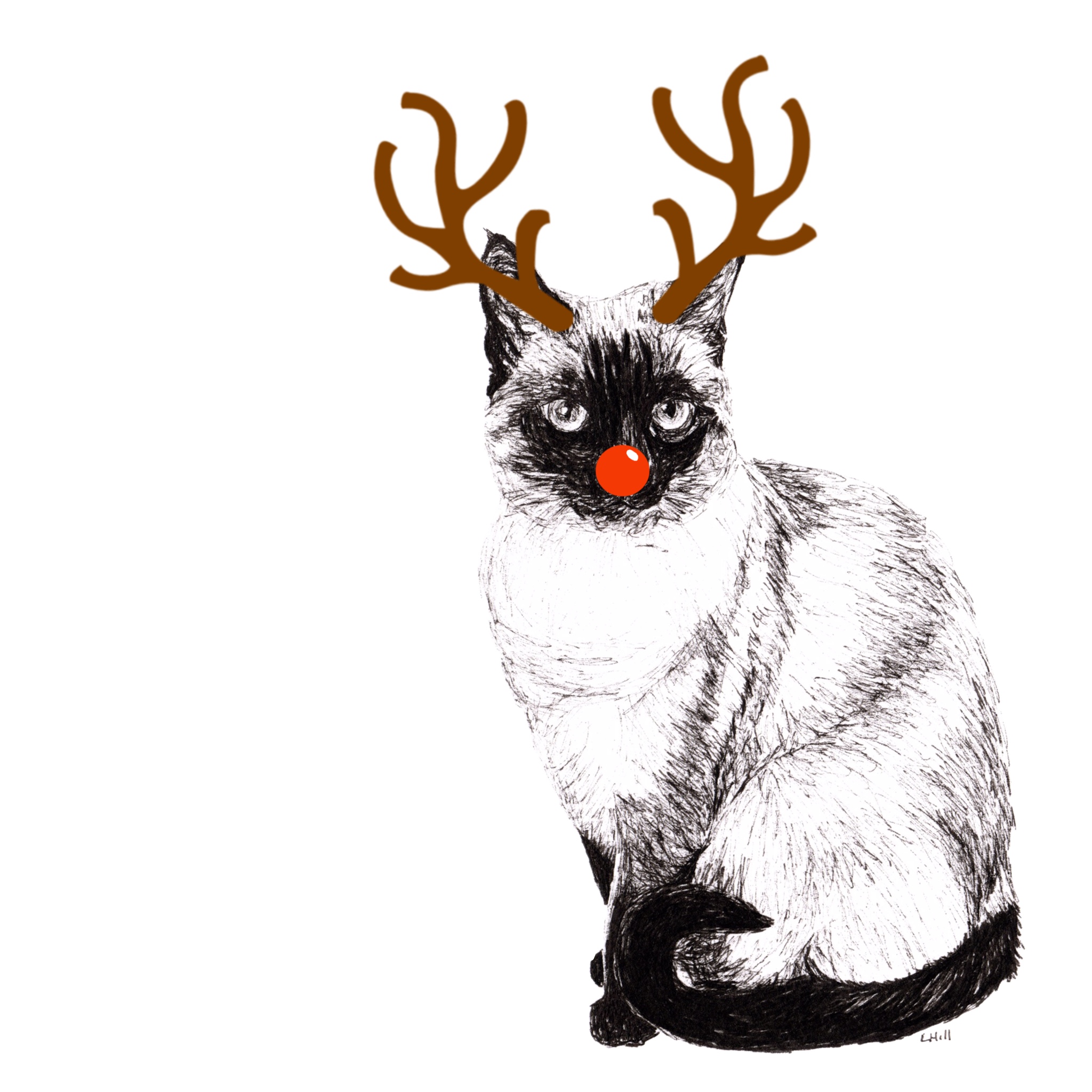 Siamese with reindeer antlers and red nose Christmas card by Louisa Hill