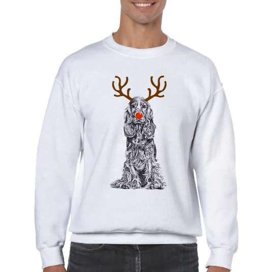 Cocker Spaniel with reindeer antlers and red nose Christmas jumper by Louisa Hill