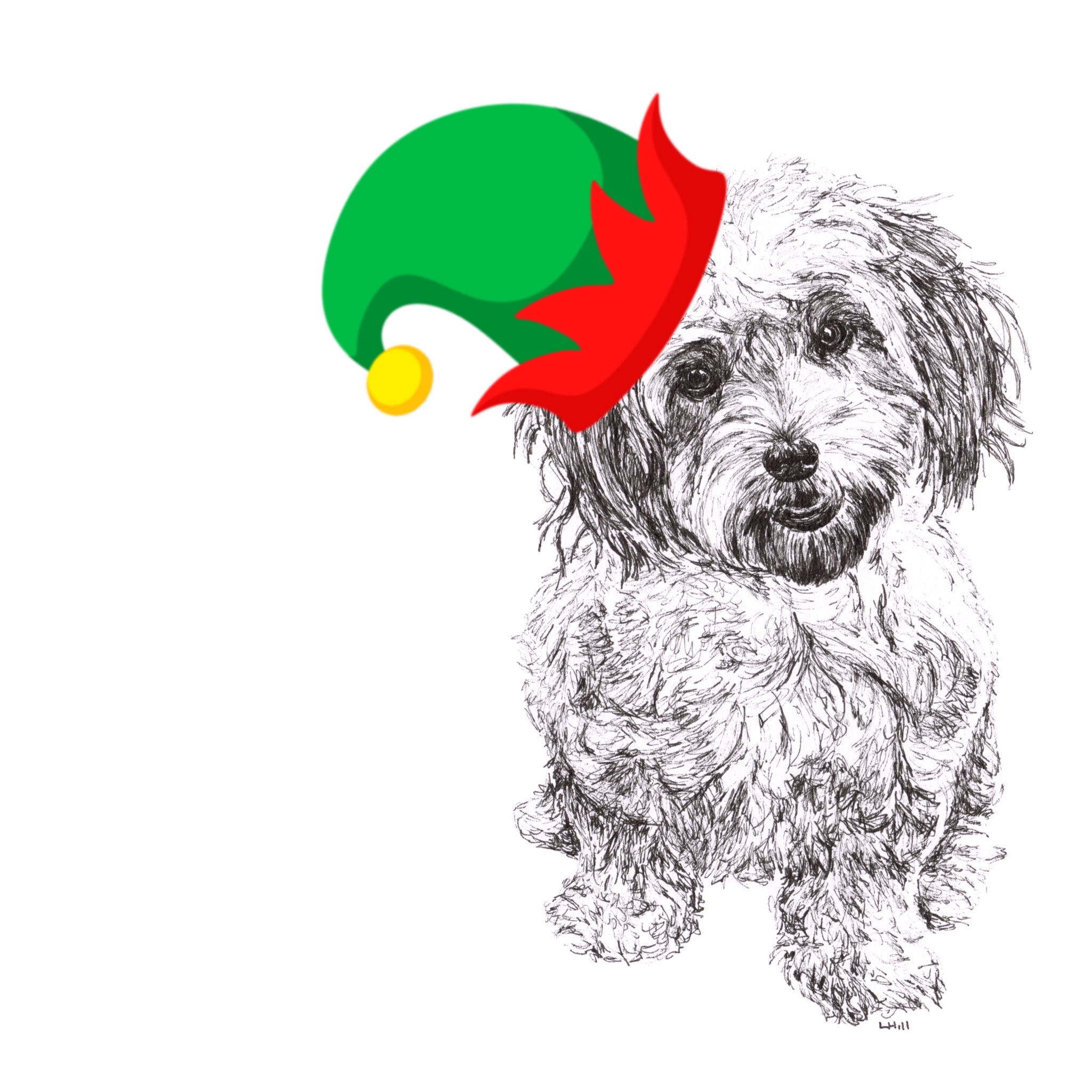 Cavachon with Santa hat Christmas card by Louisa Hill