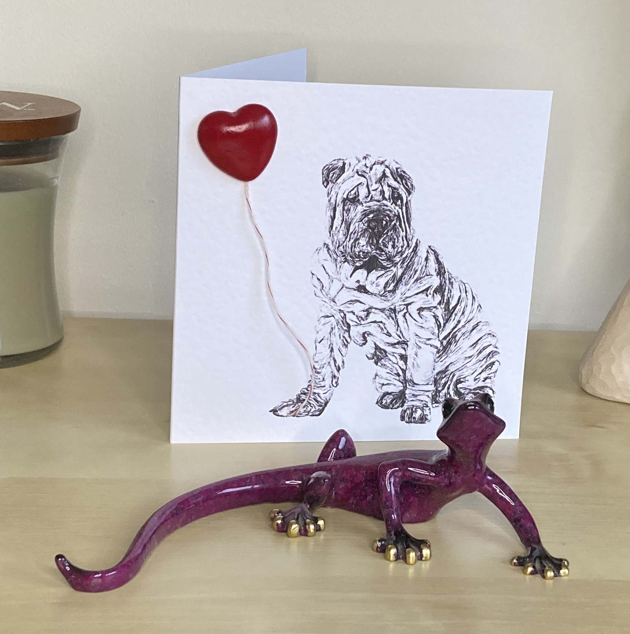 Shar Pei 15cm greetings card with 3D red heart balloon