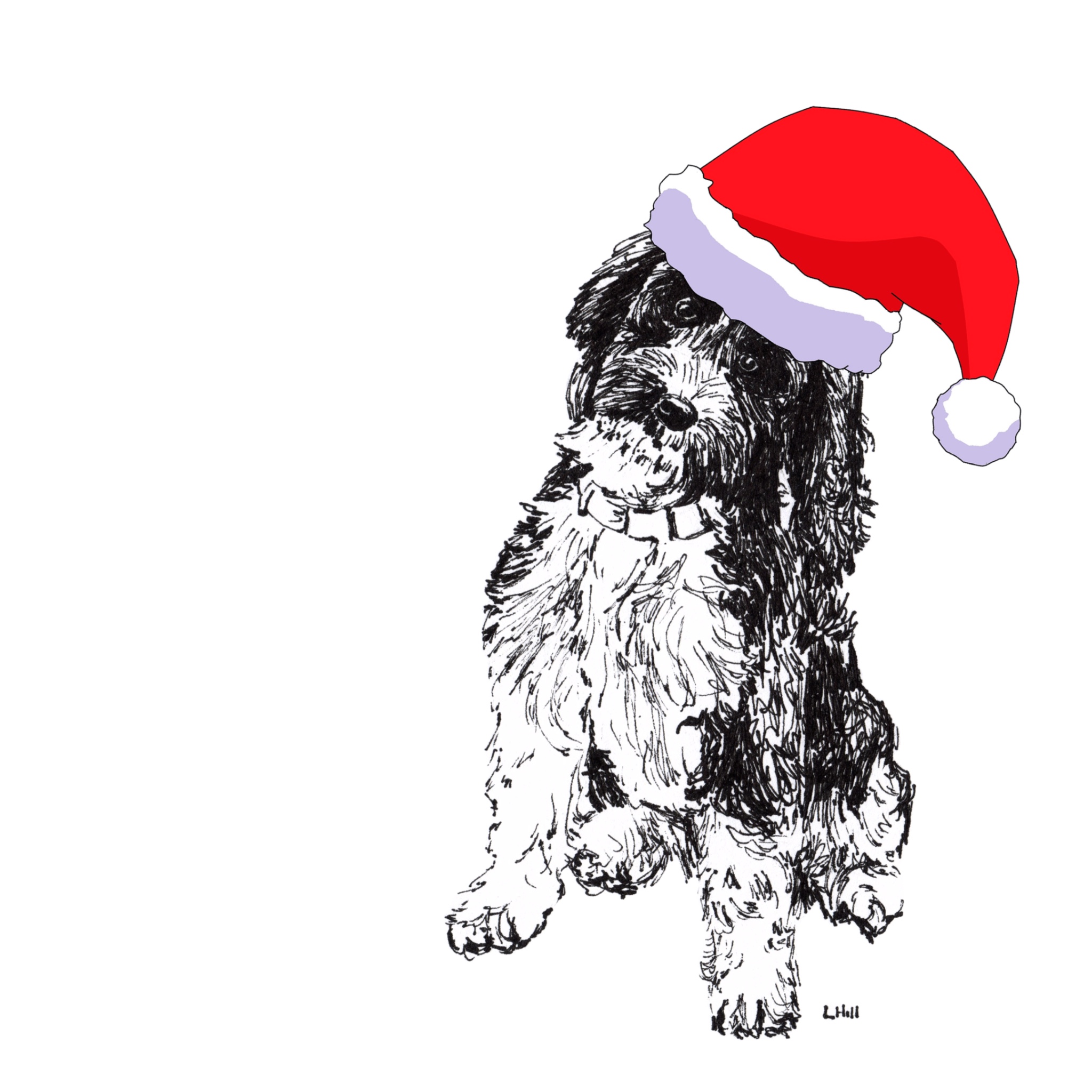 Cockapoo with Santa hat Christmas card by Louisa Hill