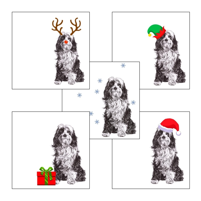 6 dogs in Santa hats Christmas card, Cavachon, Shih Tzu, Cocker Spaniel, Cavalier King Charles Spaniel, and Border Terrier by Louisa Hill