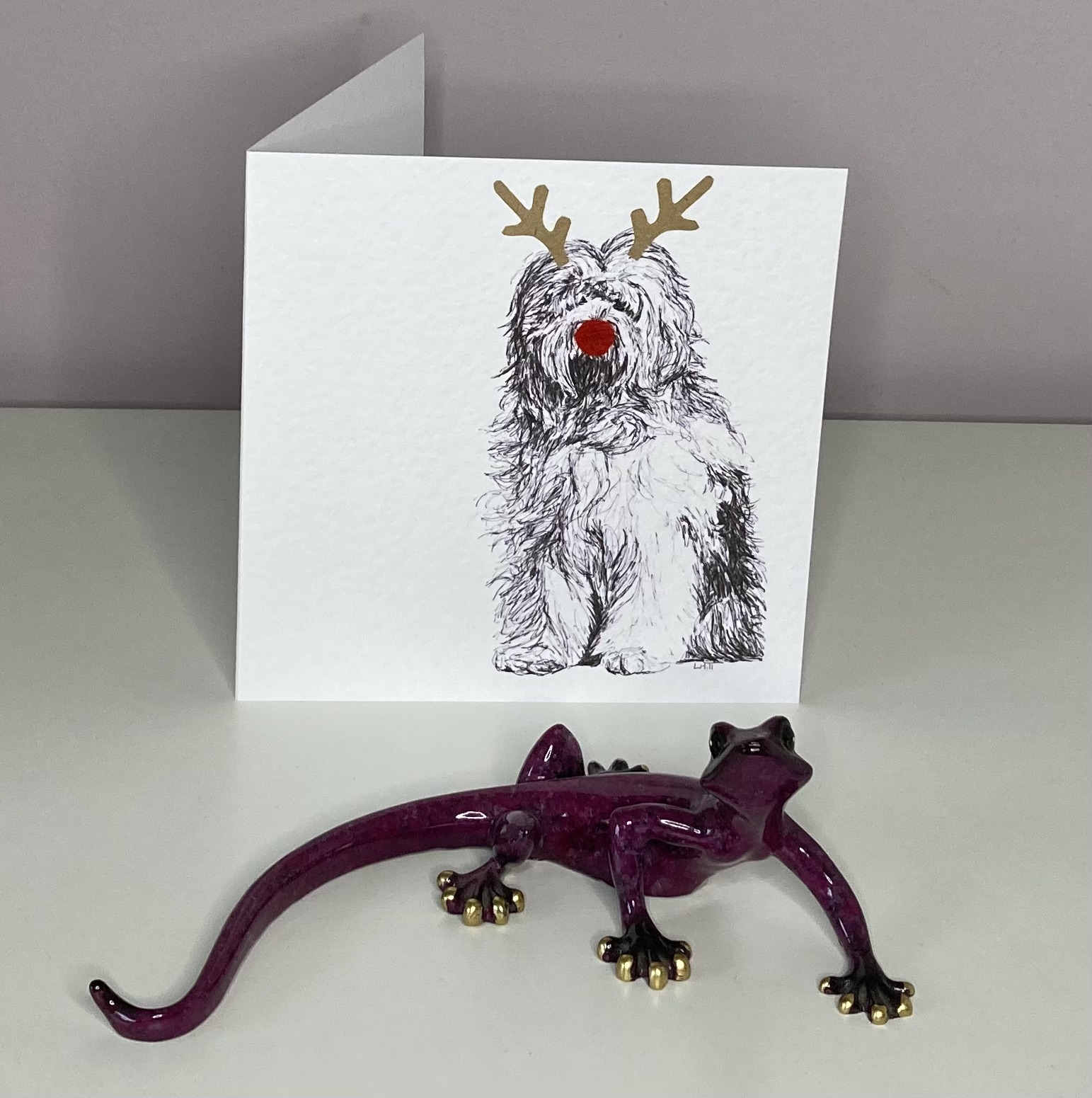 Old English Sheepdog with reindeer antlers and red nose Christmas card by Louisa Hill