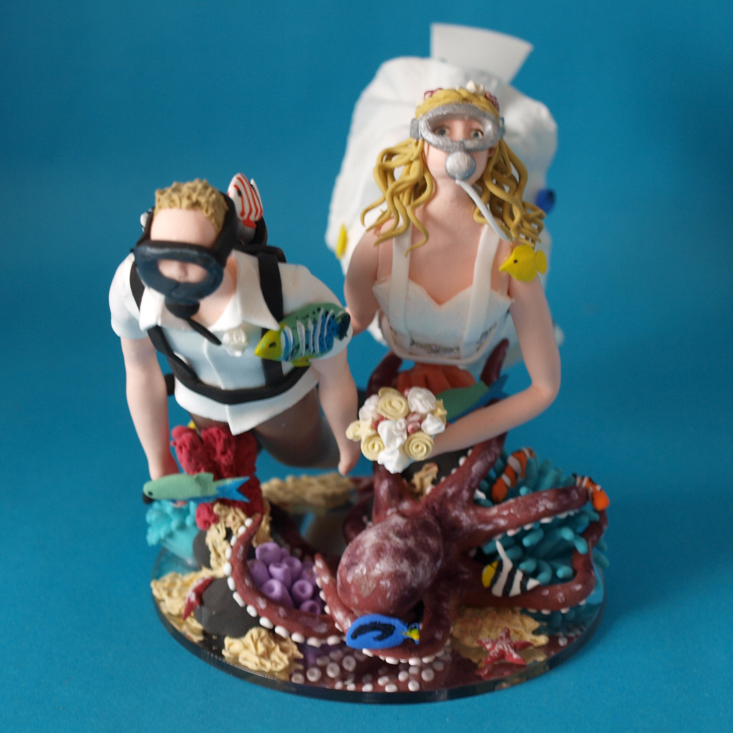 Scuba Diving Bride and groom with octopus wedding cake topper by Louisa Hill