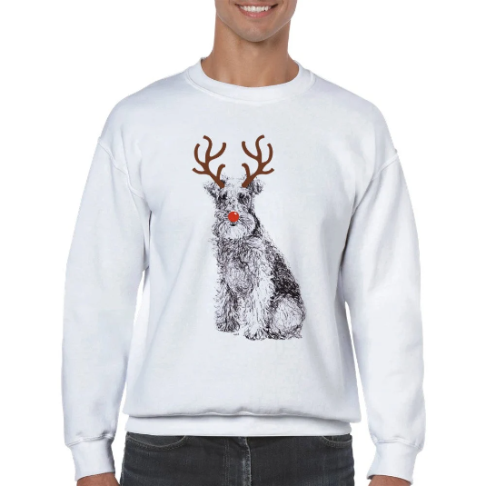 Lakeland Terrier with reindeer antlers and red nose Christmas jumper by Louisa Hill