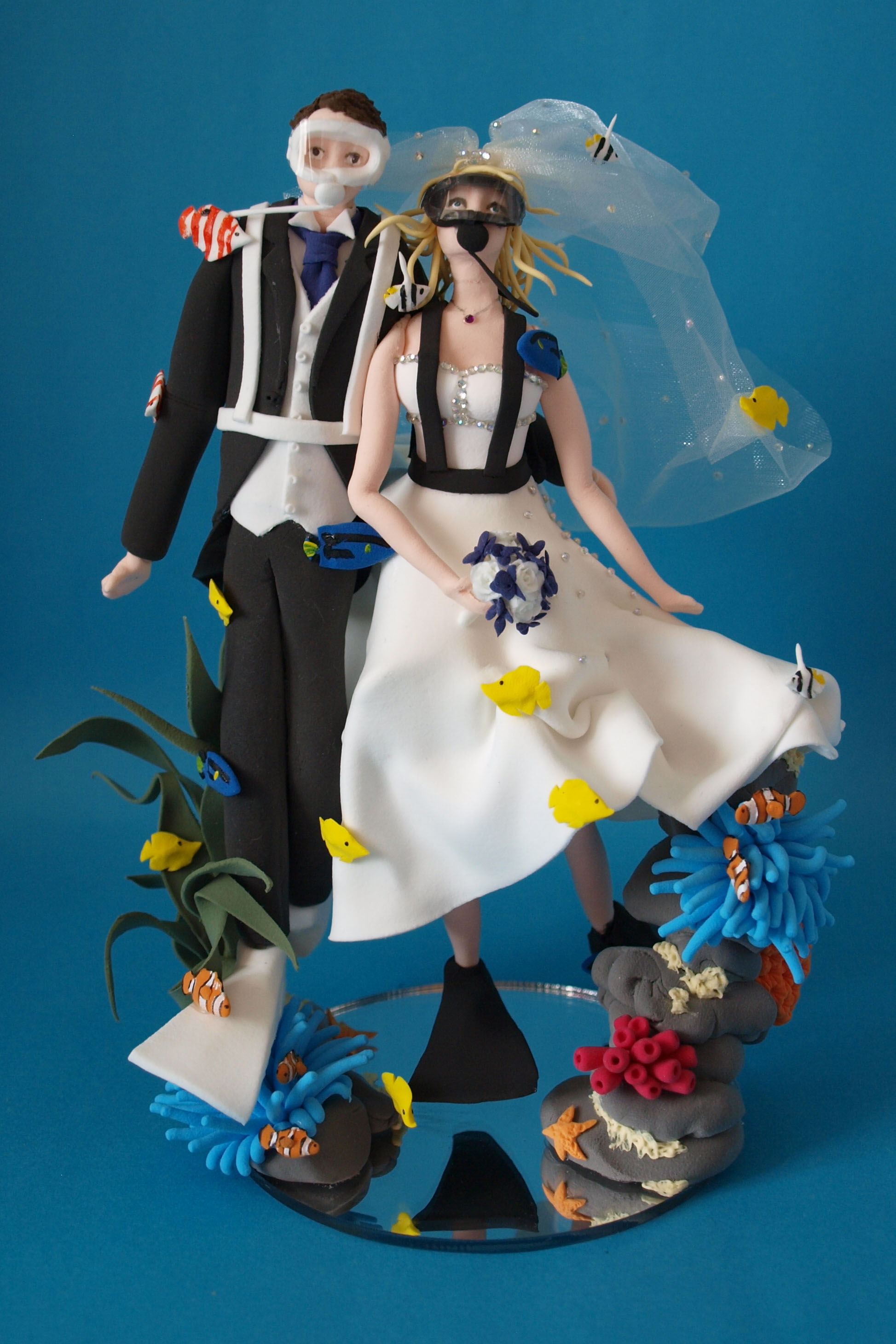 Scuba Diving Bride and groom wedding cake topper by Louisa Hill