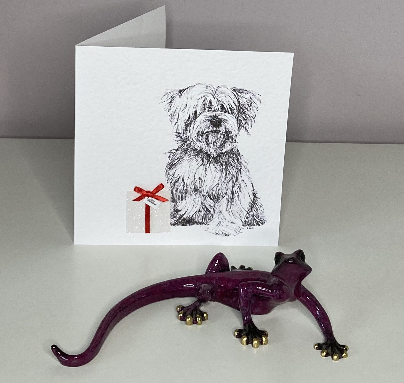 Maltese Terrier with Christmas present Christmas card by Louisa Hill