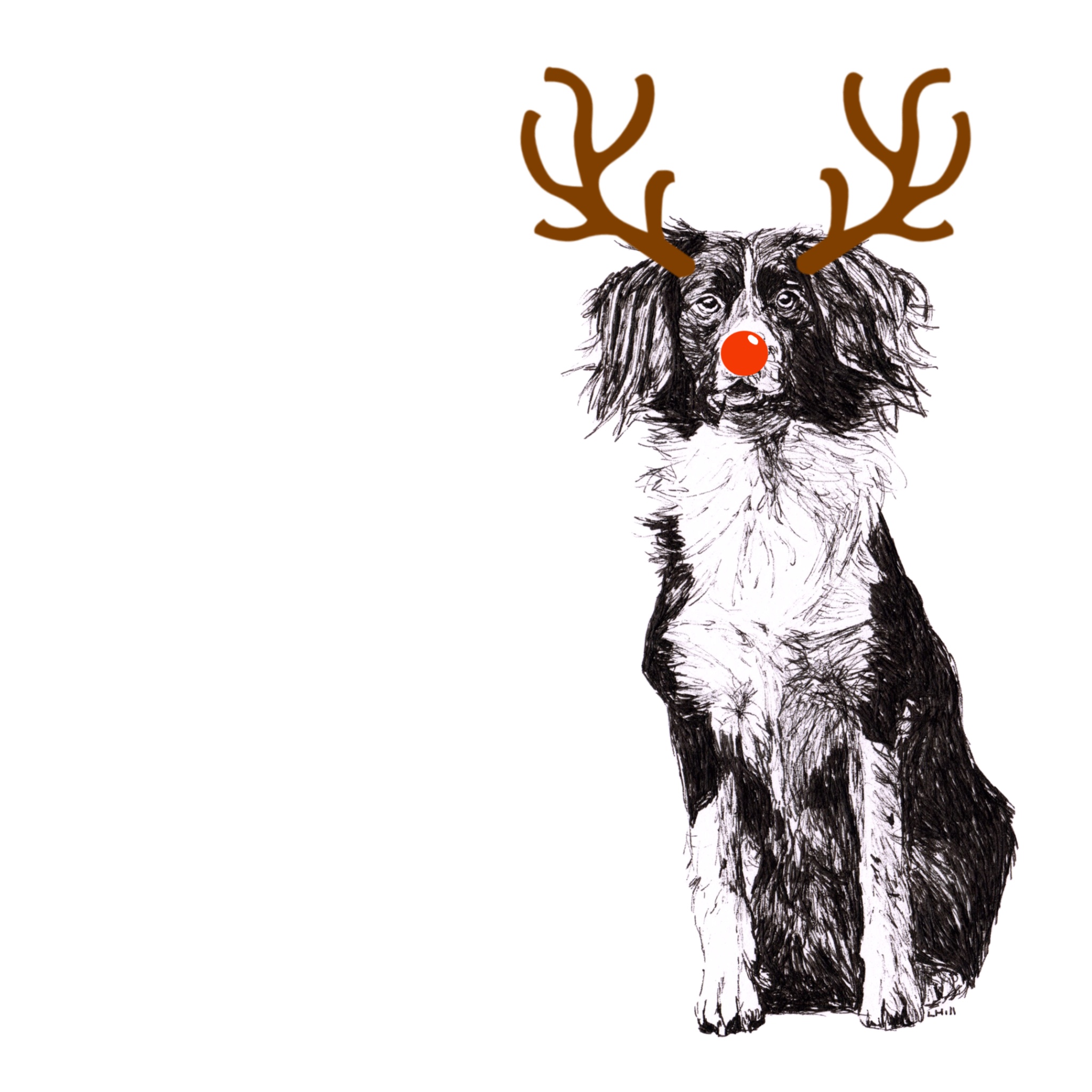 Sprollie with reindeer antlers and red nose Christmas card by Louisa Hill