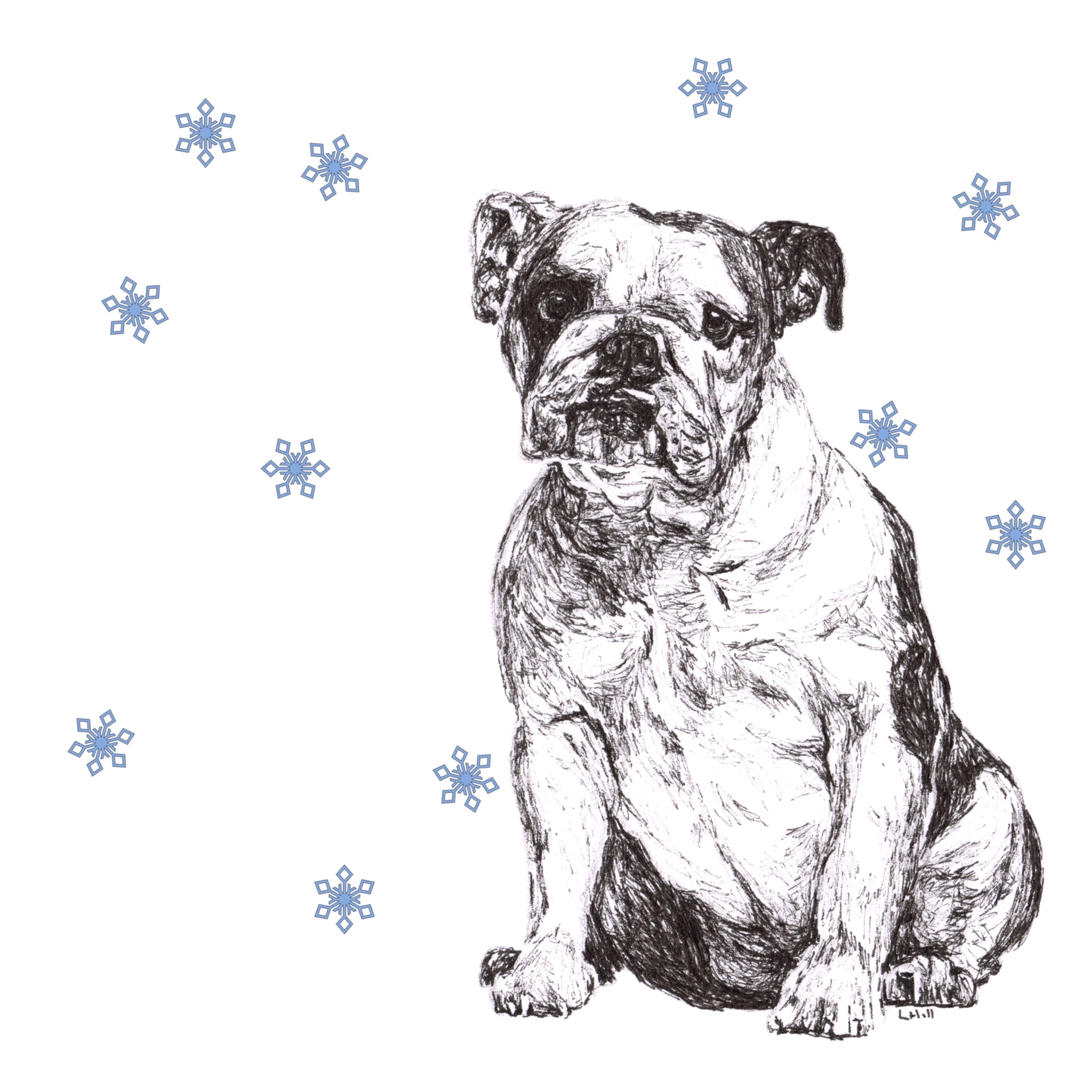 English Bulldog with reindeer antlers and red nose Christmas card by Louisa Hill