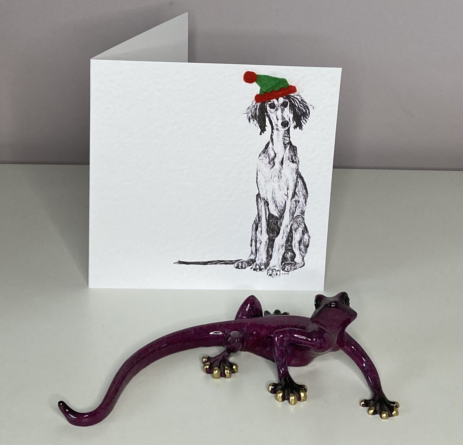 Saluki with  elf hat Christmas card by Louisa Hill