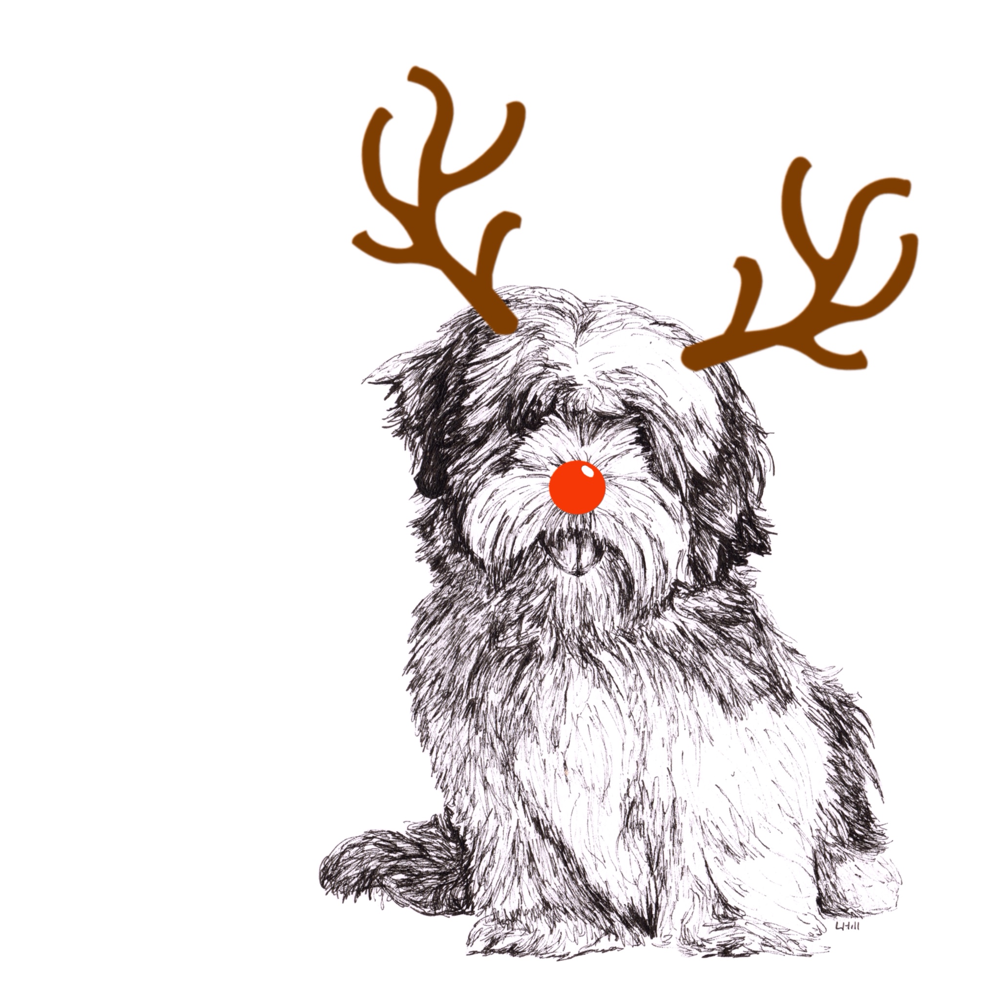 Lhasa Apso with reindeer antlers and red nose Christmas card by Louisa Hill