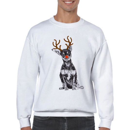 Chihuahua with reindeer antlers and red nose Christmas jumper by Louisa Hill