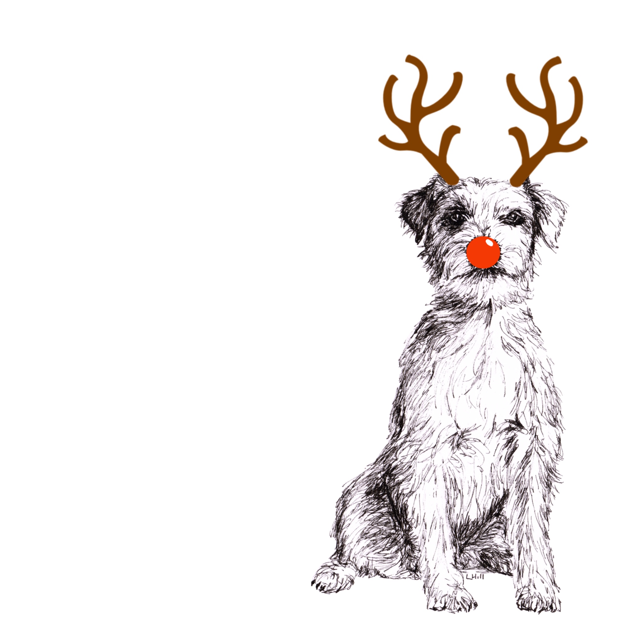 Parson Russell Terrier with reindeer antlers and red nose Christmas card by Louisa Hill