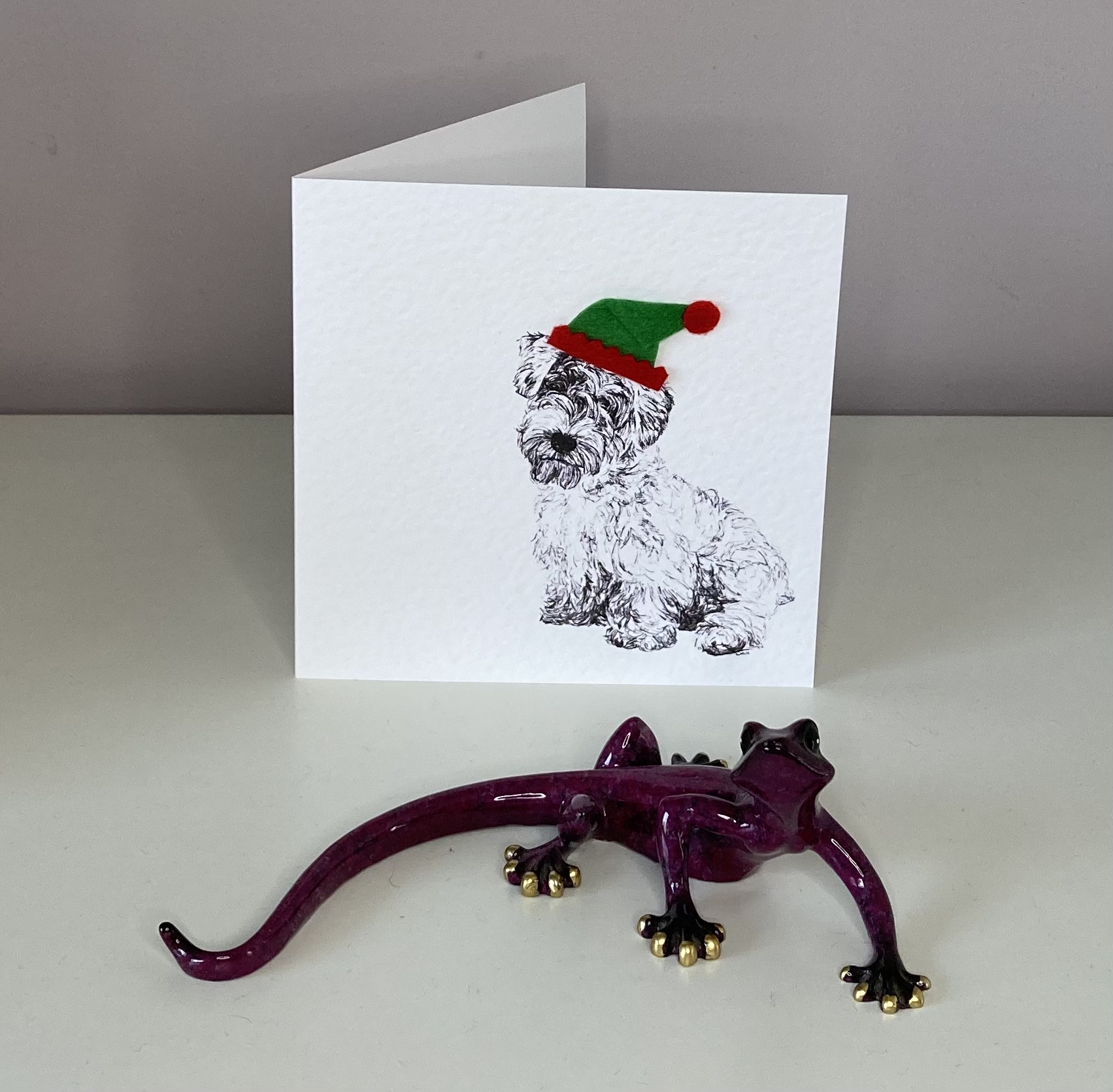 Sealyham Terrier with elf hat Christmas card by Louisa Hill