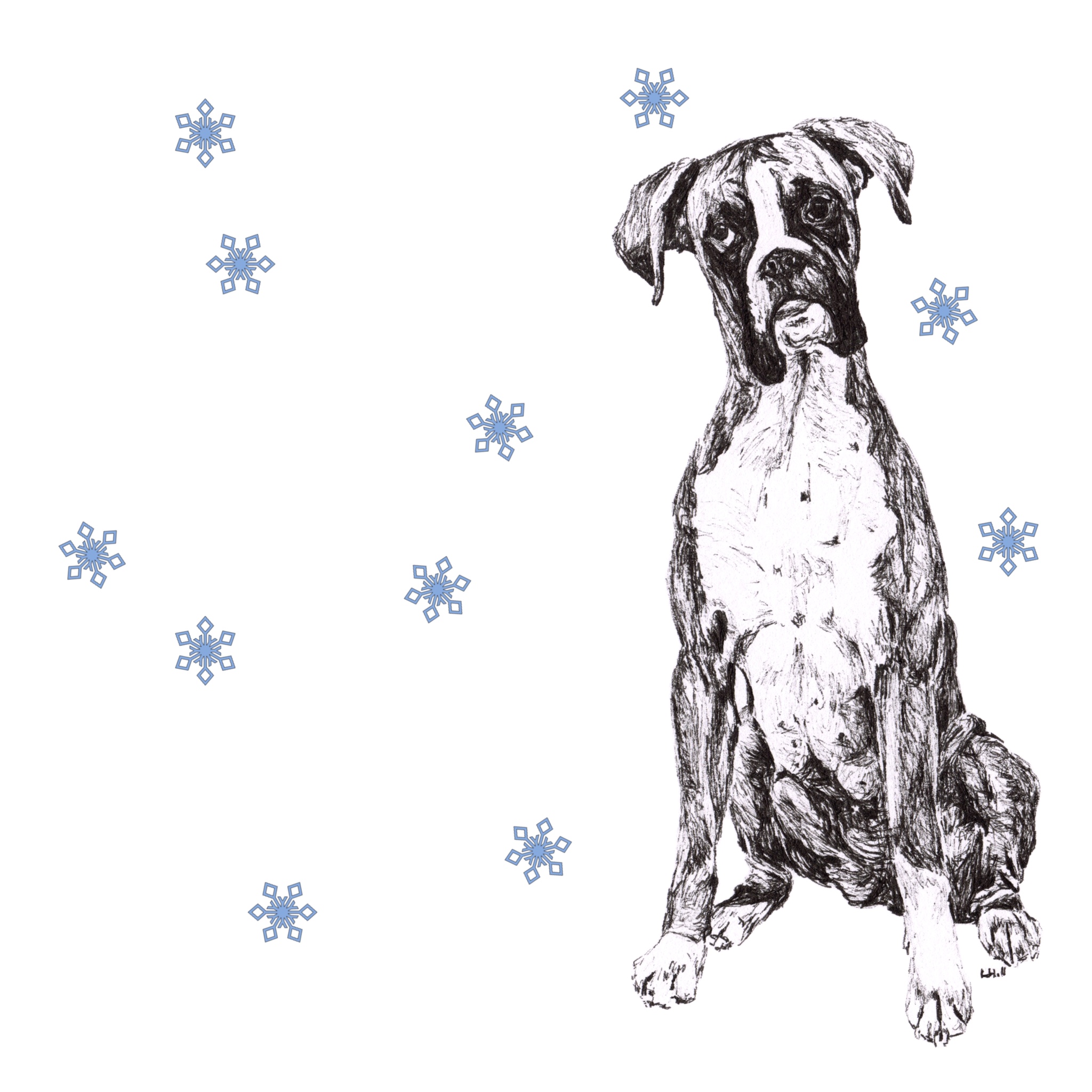 Boxer with reindeer antlers and red nose Christmas card by Louisa Hill