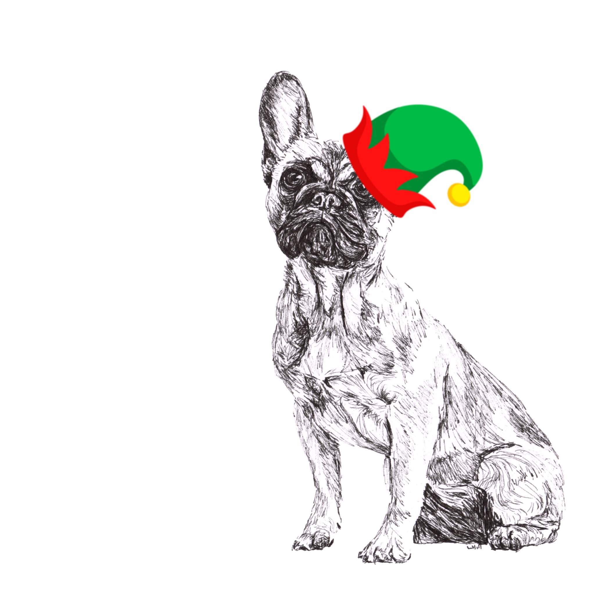 French Bulldog with reindeer antlers and red nose Christmas card by Louisa Hill