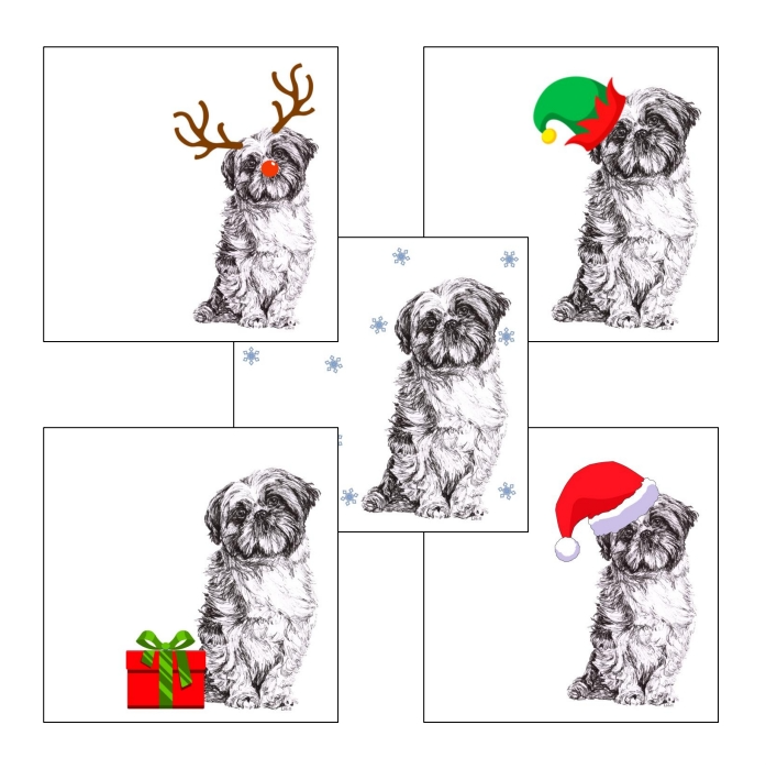 Shih Tzu with reindeer antlers and red nose Christmas card by Louisa Hill