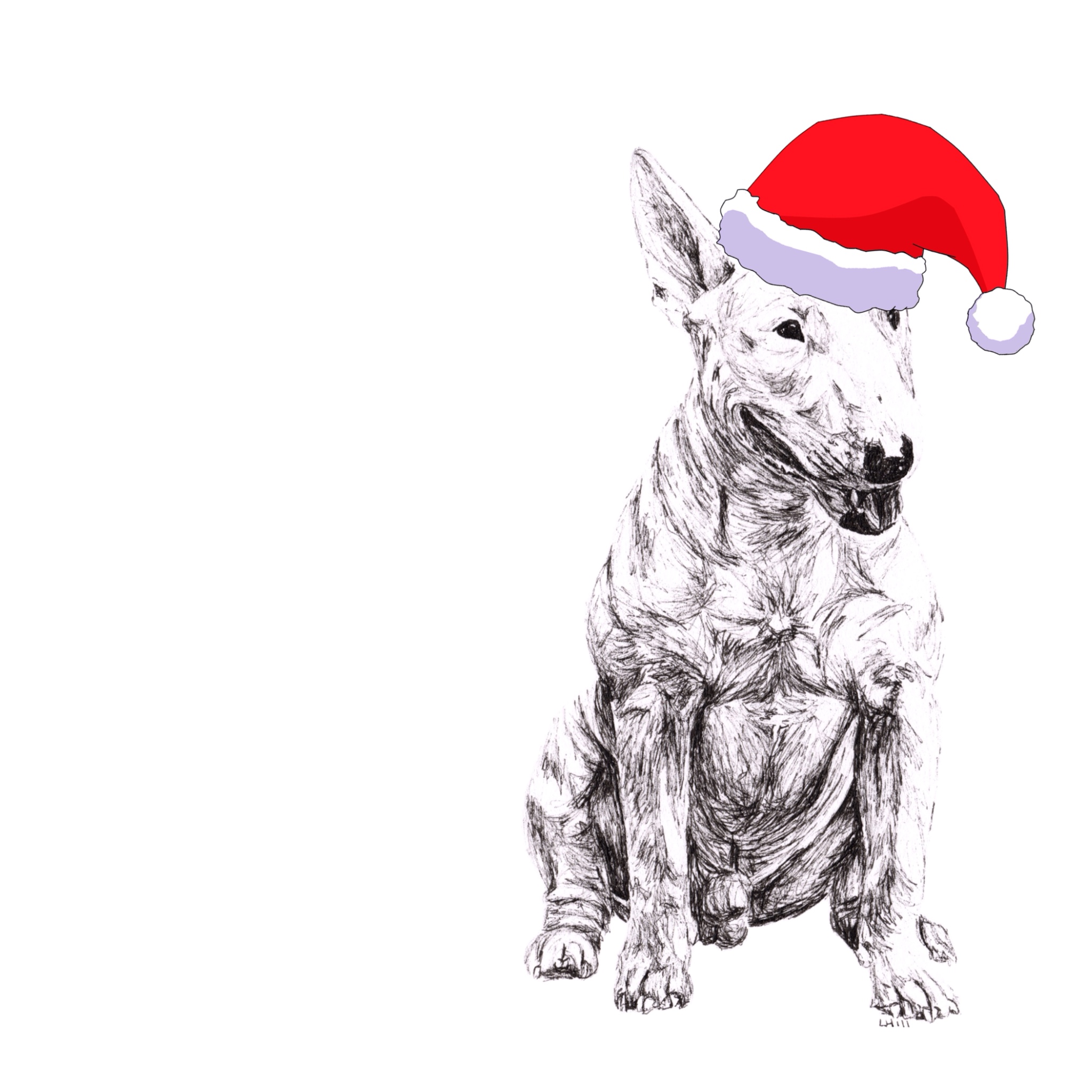 English Bull Terrier with Santa hat Christmas card by Louisa Hill